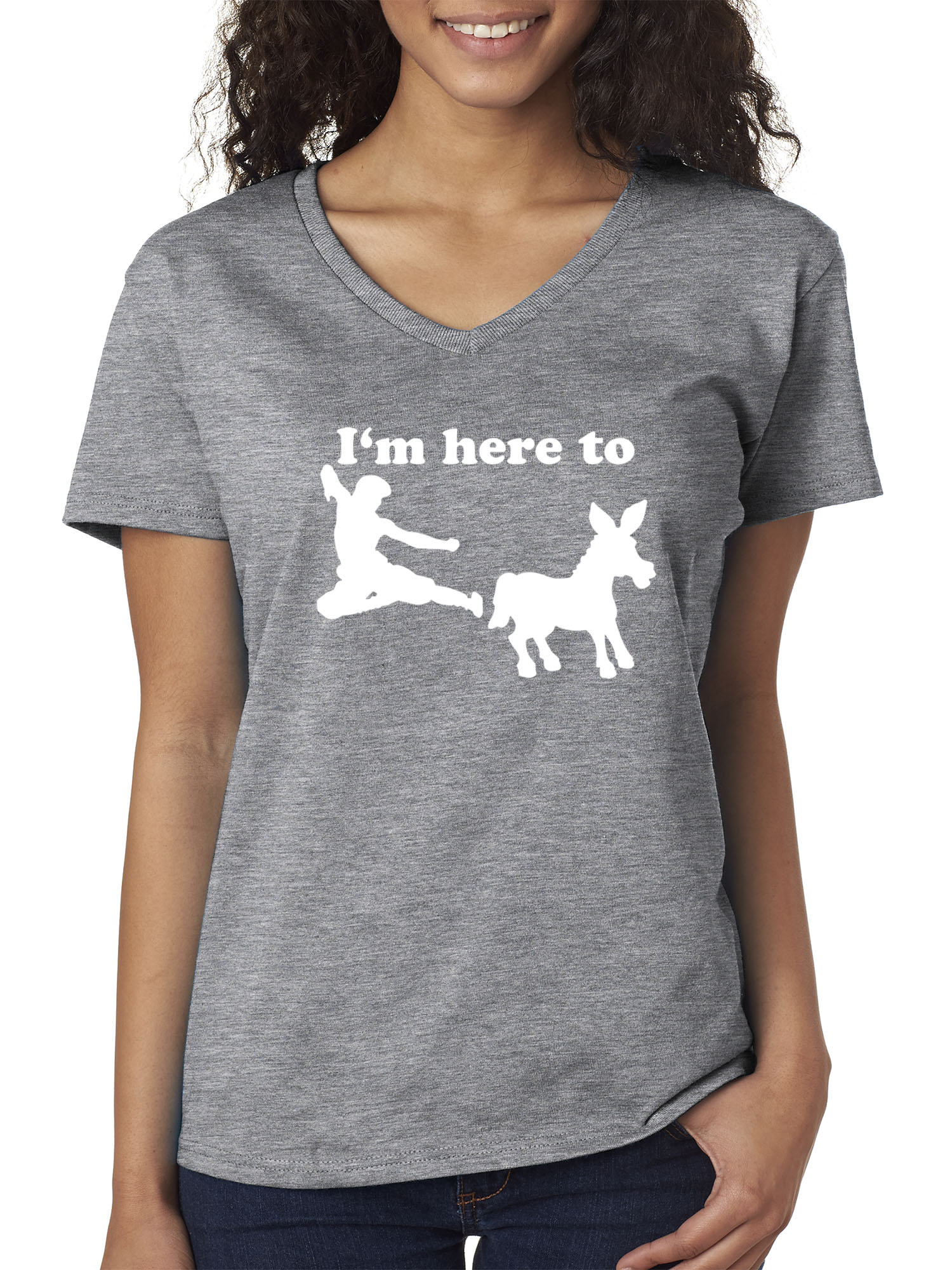 Trendy USA 1229 - Women's V-Neck T-Shirt I'm Here to Kick Ass Karate Donkey XS Heather Grey