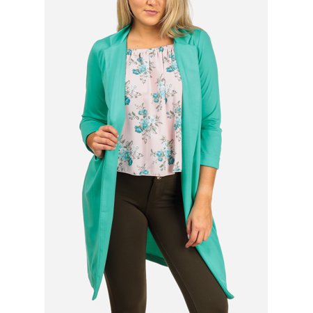 Womens Juniors Women's Junior Stylish Trendy Open Front Classic Longline Mint Trench Coat Long Blazer 30354W