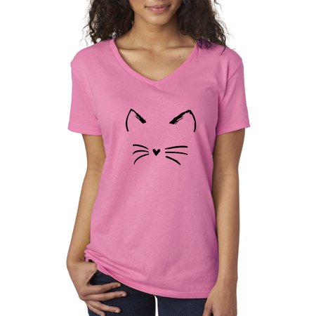 Trendy USA 1128 - Women's V-Neck T-Shirt Cat Whiskers Silhouette Heart Nose 2XL Azalea Pink