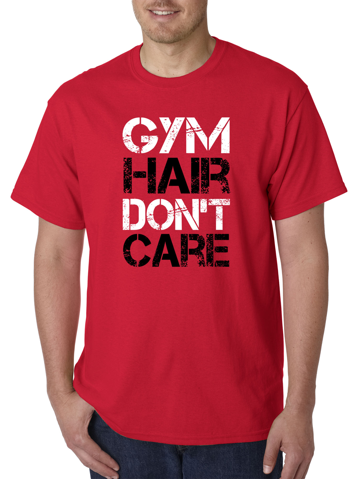 Trendy USA 1455 - Unisex T-Shirt Gym Hair Don't Care Workout Exercise Fitness Health XL Red