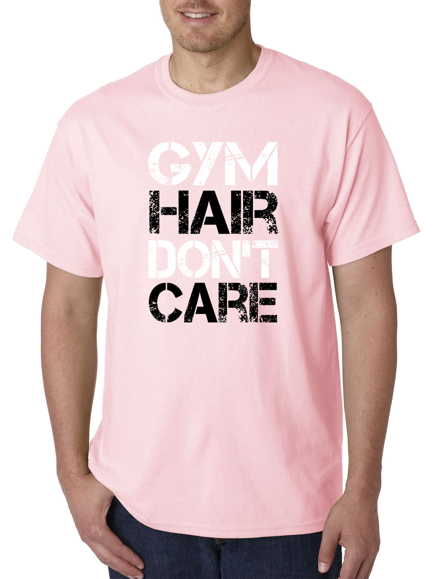 Trendy USA 1455 - Unisex T-Shirt Gym Hair Don't Care Workout Exercise Fitness Health 3XL Light Pink