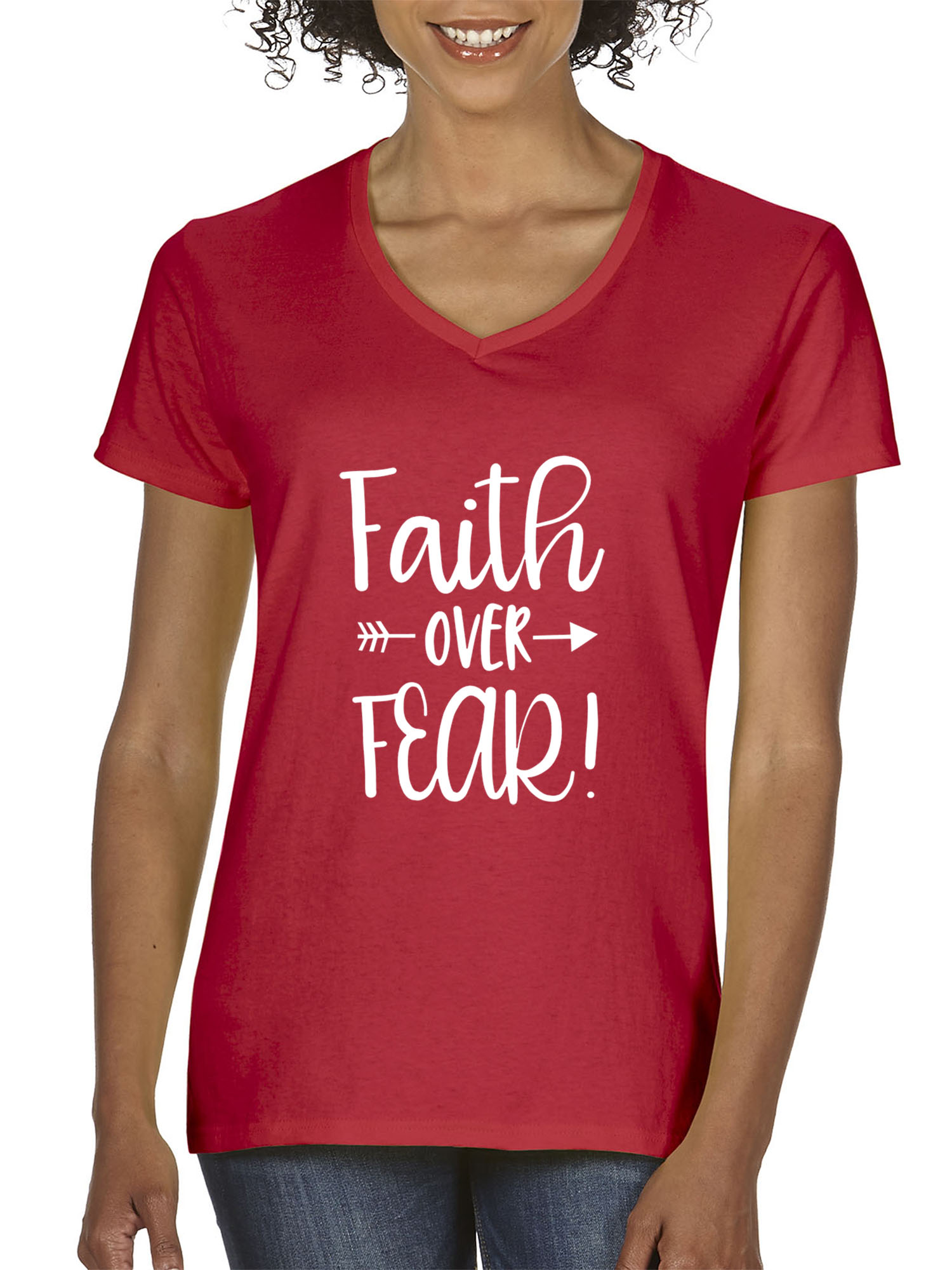 Trendy USA 1253 - Women's V-Neck T-Shirt Faith Over Fear Script Medium Red