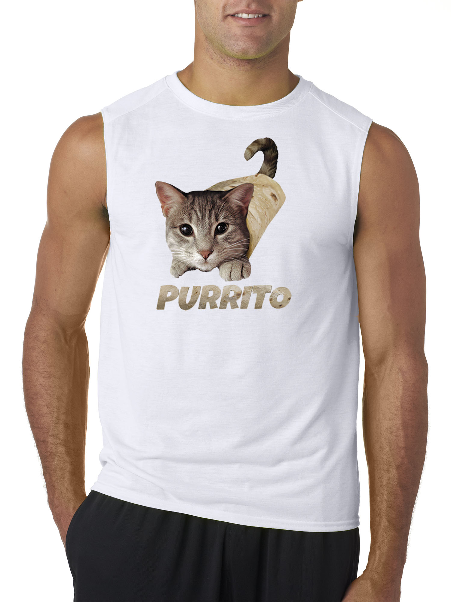 Trendy USA 1507 - Men's Sleeveless Purrito Burrito Kitty Cat Lovers Taco Spicy Funny 2XL White