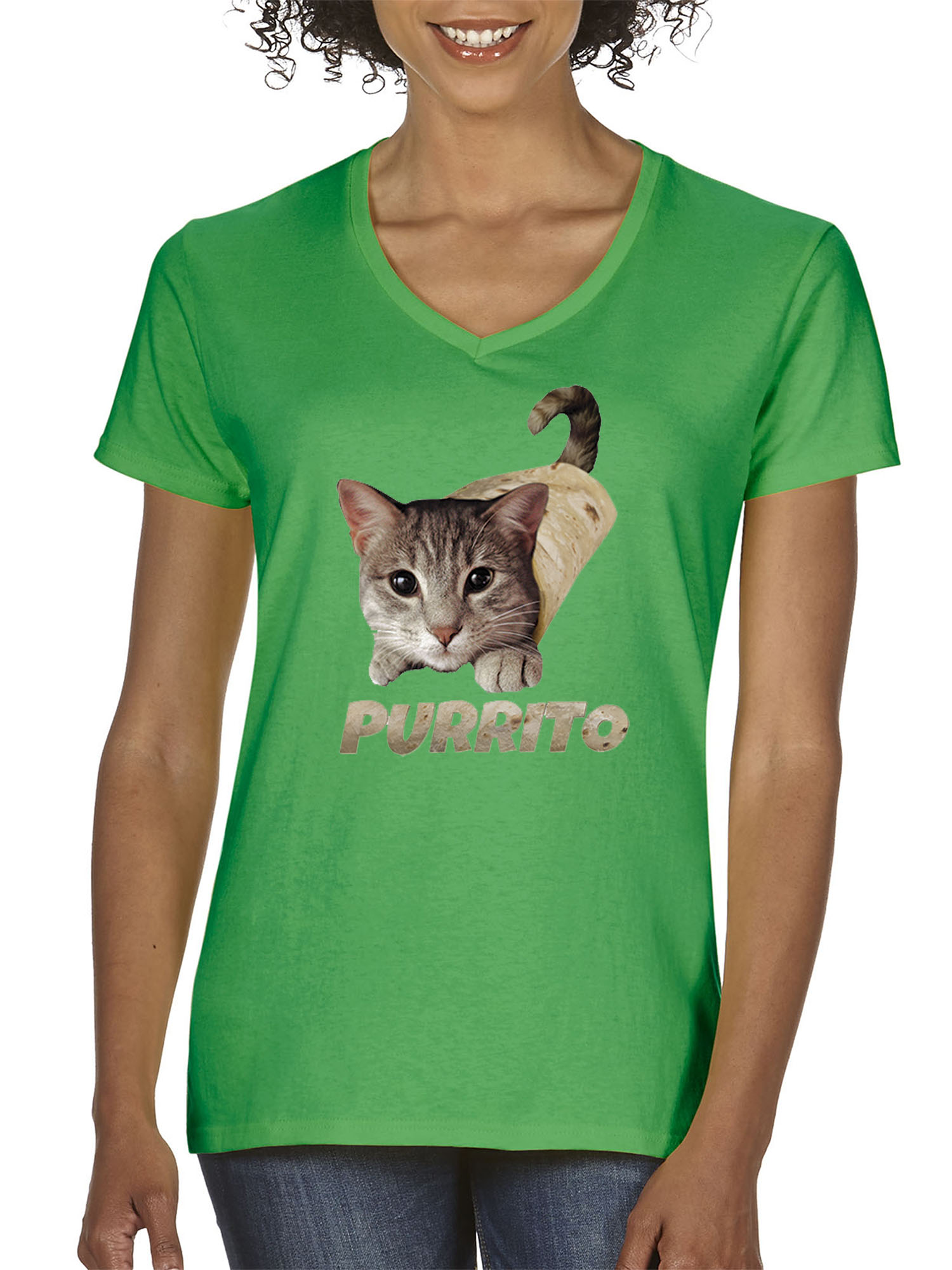 Trendy USA 1507 - Women's V-Neck T-Shirt Purrito Burrito Kitty Cat Lovers Taco Spicy Funny XL Kelly Green