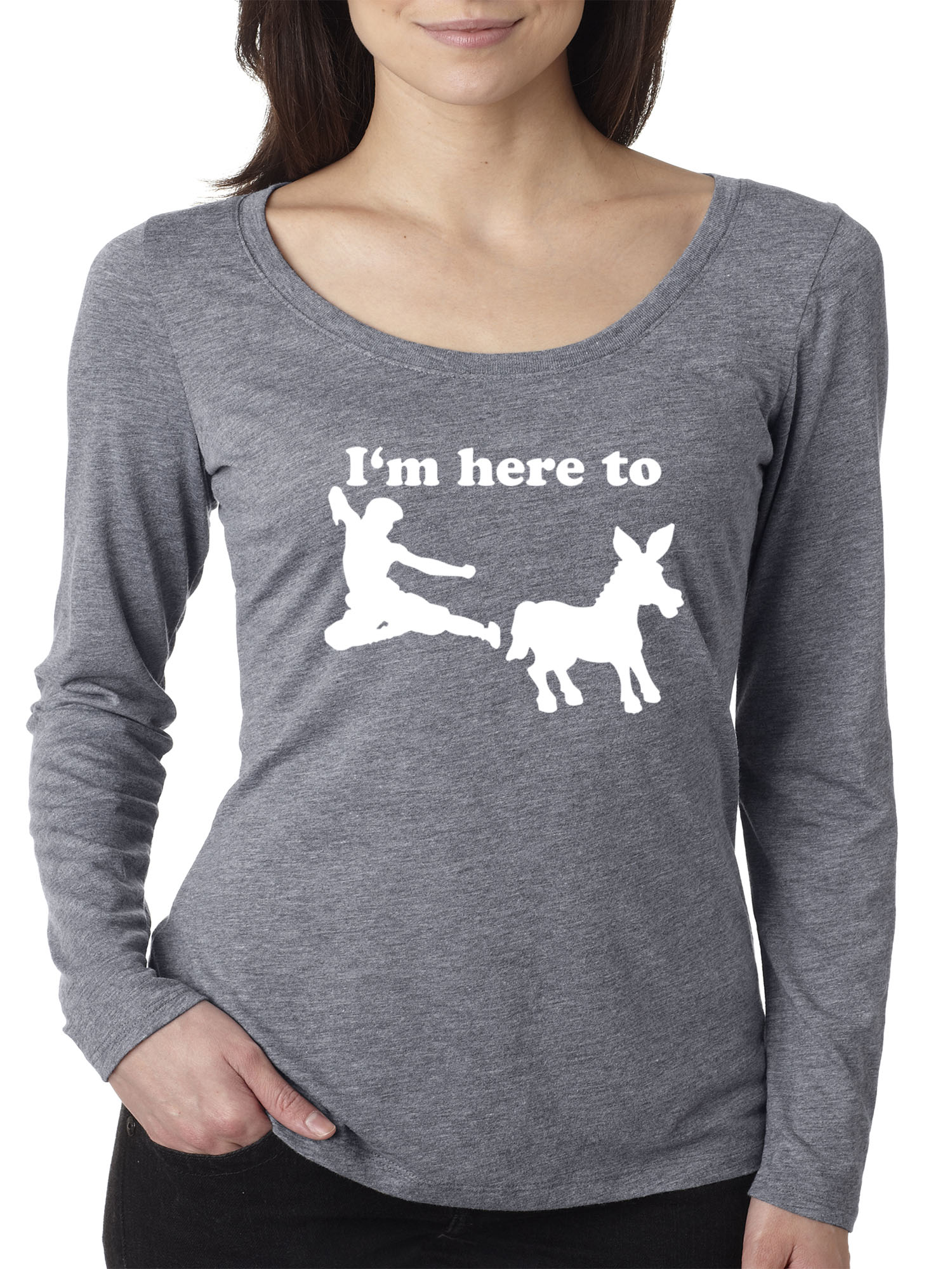 Trendy USA 1229 - Women's Long Sleeve T-Shirt I'm Here to Kick Ass Karate Donkey Small Heather Grey