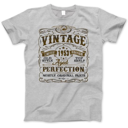 66th Birthday Gift T-Shirt - Born in 1953 - Vintage Aged 66 Years Perfection - Short Sleeve - Mens - Grey T Shirt - (2019 Version) Small