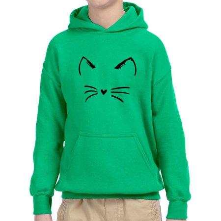 New Way 1128 - Youth Hoodie Cat Whiskers Silhouette Heart Nose Unisex Pullover Sweatshirt XL Kelly Green