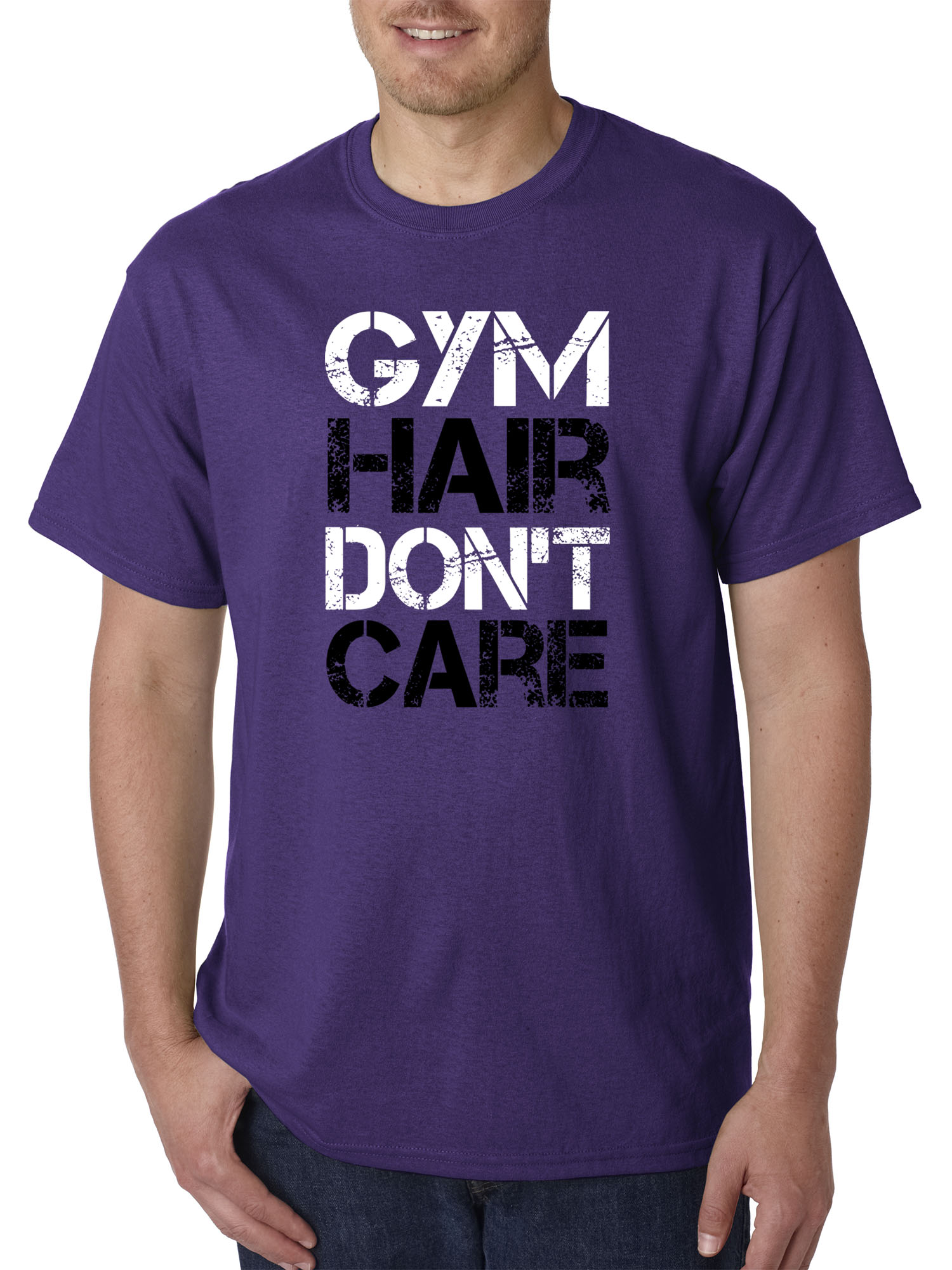 Trendy USA 1455 - Unisex T-Shirt Gym Hair Don't Care Workout Exercise Fitness Health Large Purple