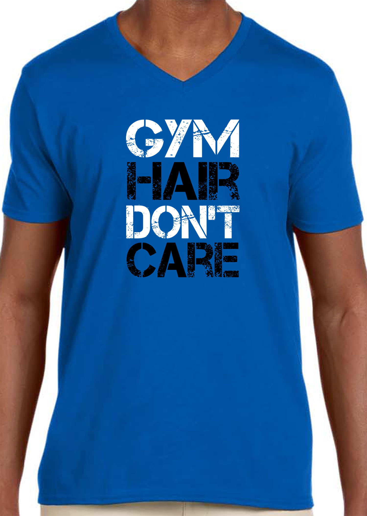 Trendy USA 1455 - Men's V-Neck T-Shirt Gym Hair Don't Care Workout Exercise Fitness Health 3XL Royal Blue