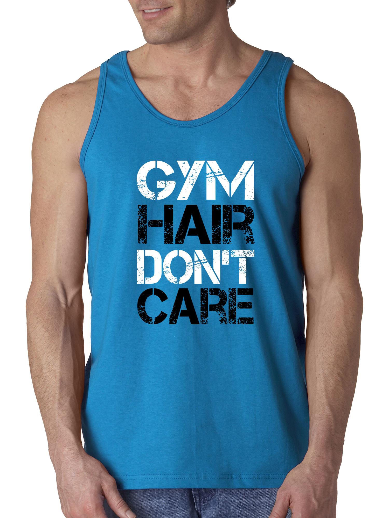 Trendy USA 1455 - Men's Tank-Top Gym Hair Don't Care Workout Exercise Fitness Health 3XL Sapphire