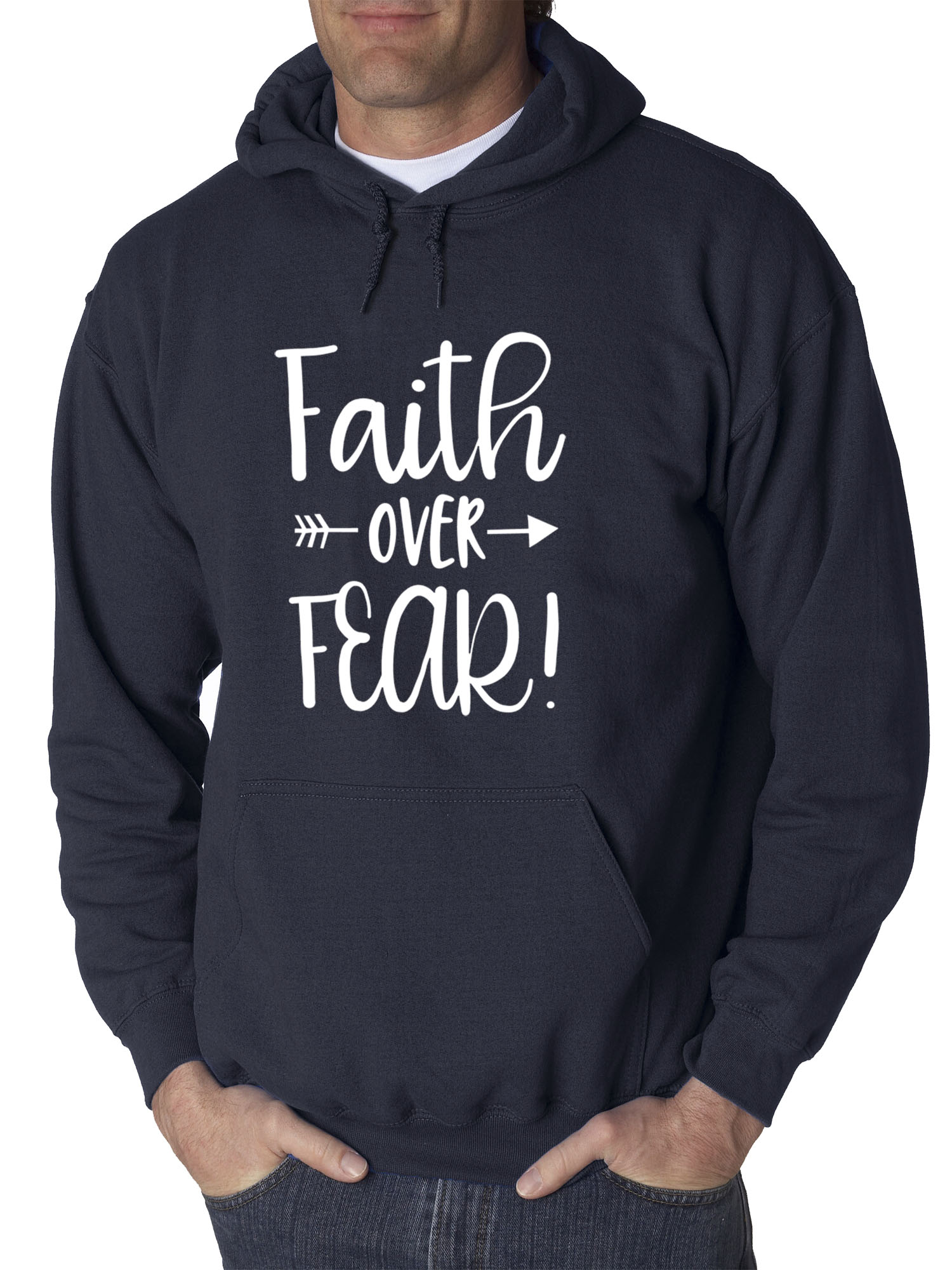 Trendy USA 1253 - Adult Hoodie Faith Over Fear Script Sweatshirt Medium Navy