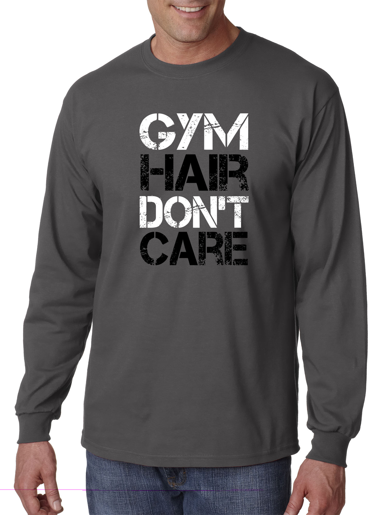 Trendy USA 1455 - Unisex Long-Sleeve T-Shirt Gym Hair Don't Care Workout Exercise Fitness Health 3XL Charcoal