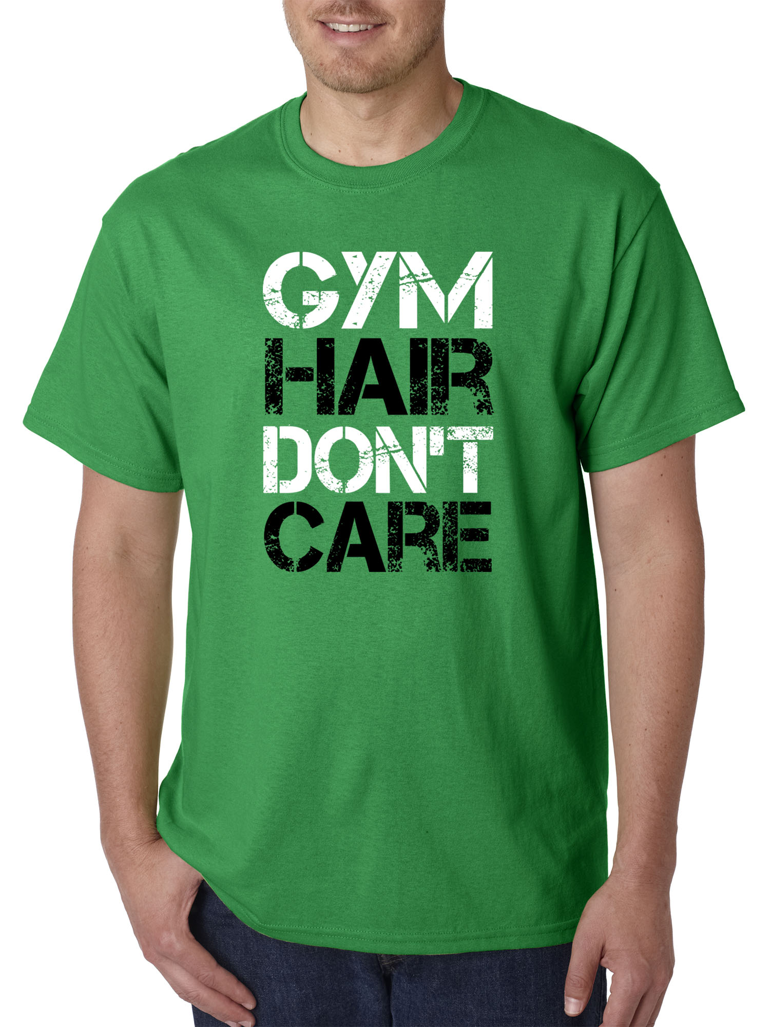 Trendy USA 1455 - Unisex T-Shirt Gym Hair Don't Care Workout Exercise Fitness Health 3XL Kelly Green