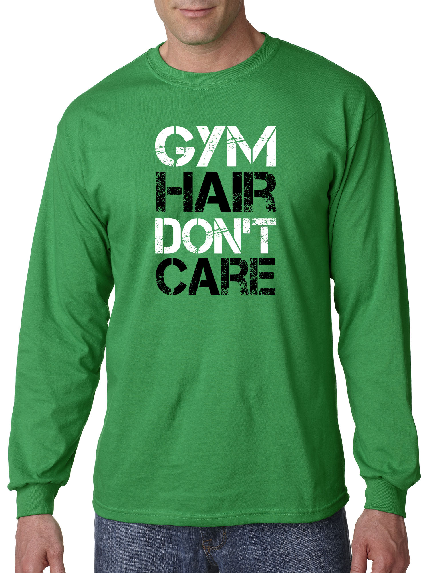 Trendy USA 1455 - Unisex Long-Sleeve T-Shirt Gym Hair Don't Care Workout Exercise Fitness Health XL Kelly Green