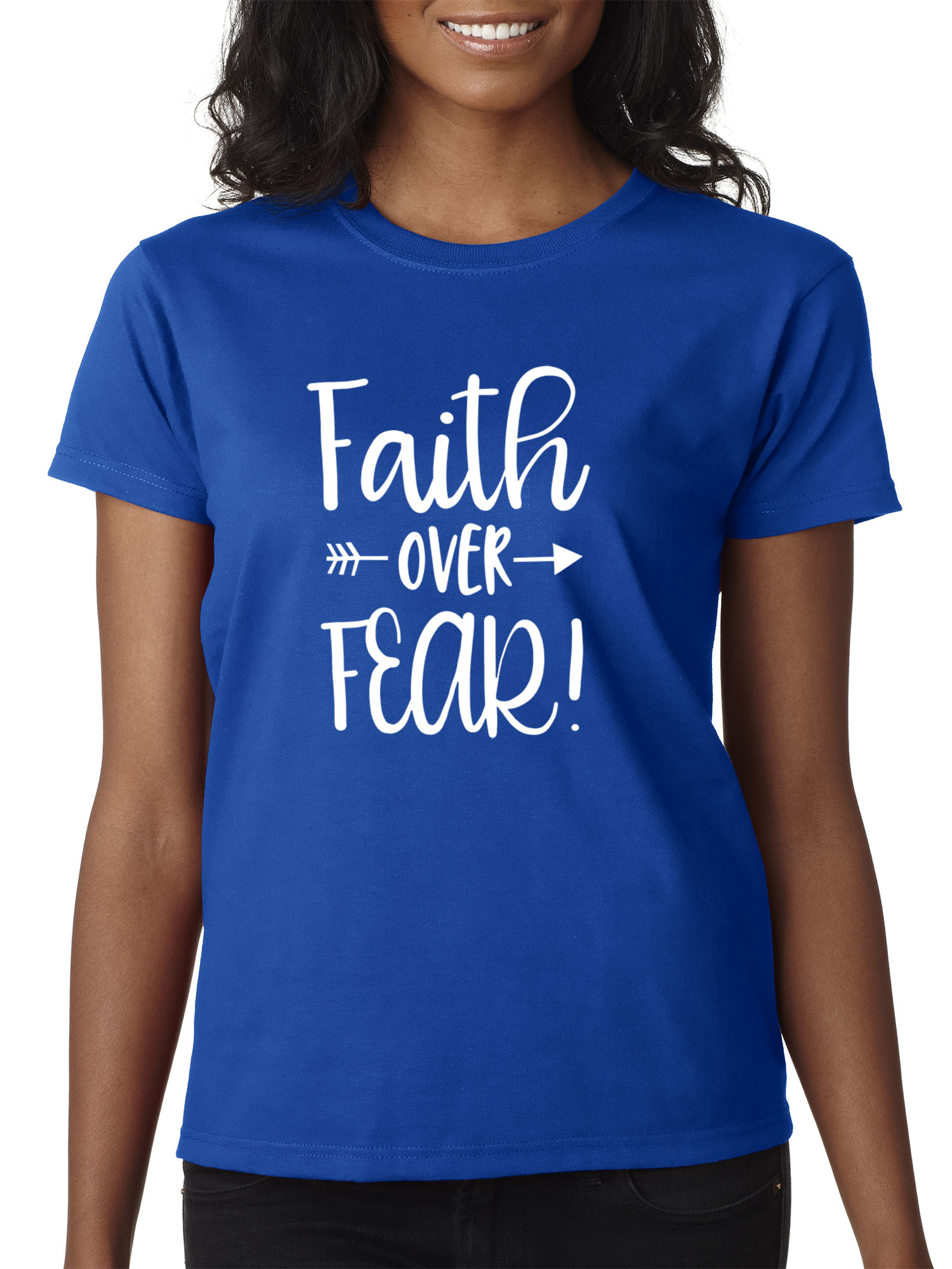 Trendy USA 1253 - Women's T-Shirt Faith Over Fear Script 2XL Royal Blue