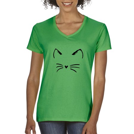 Trendy USA 1128 - Women's V-Neck T-Shirt Cat Whiskers Silhouette Heart Nose 2XL Kelly Green