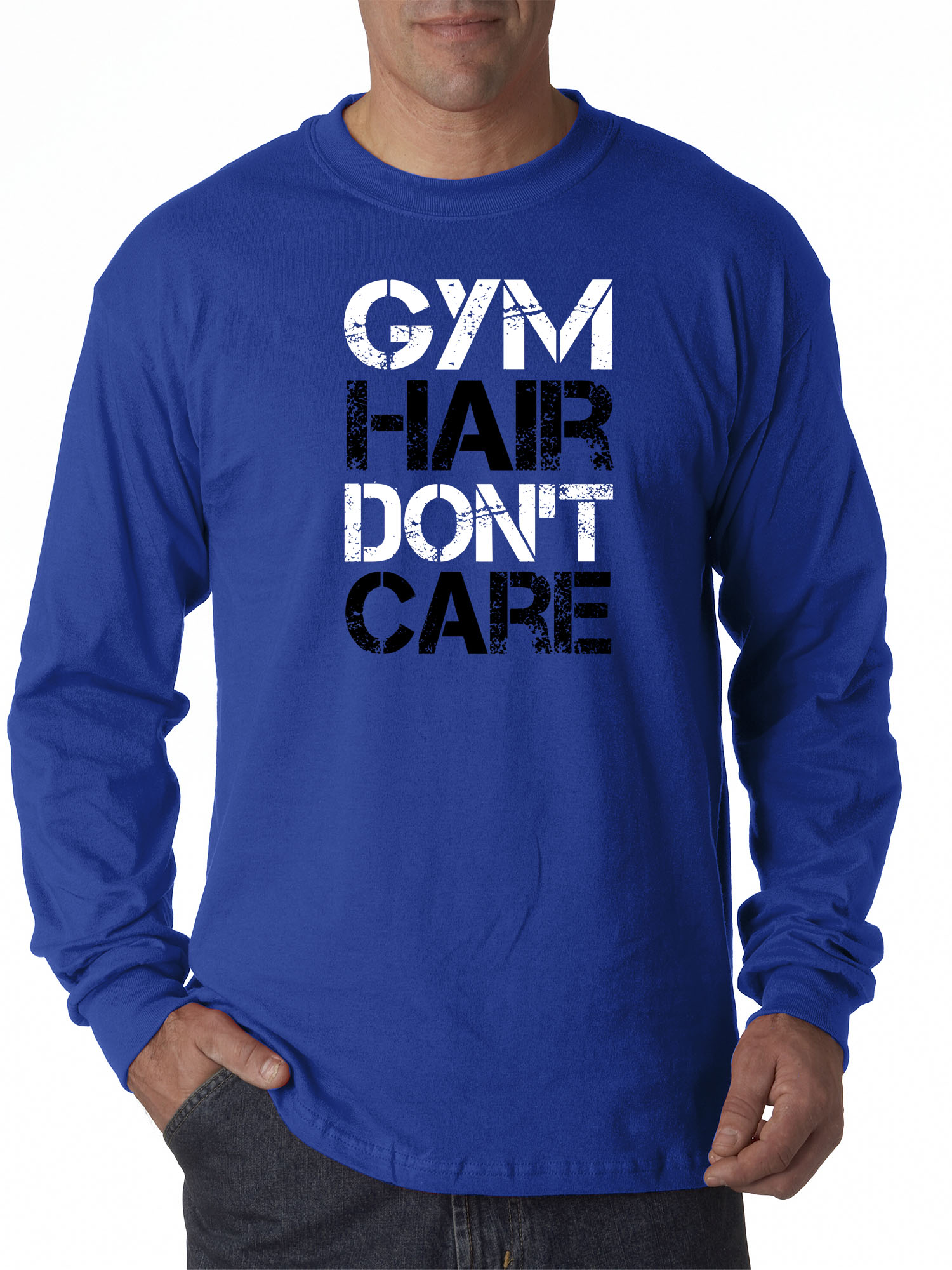 Trendy USA 1455 - Unisex Long-Sleeve T-Shirt Gym Hair Don't Care Workout Exercise Fitness Health 3XL Royal Blue