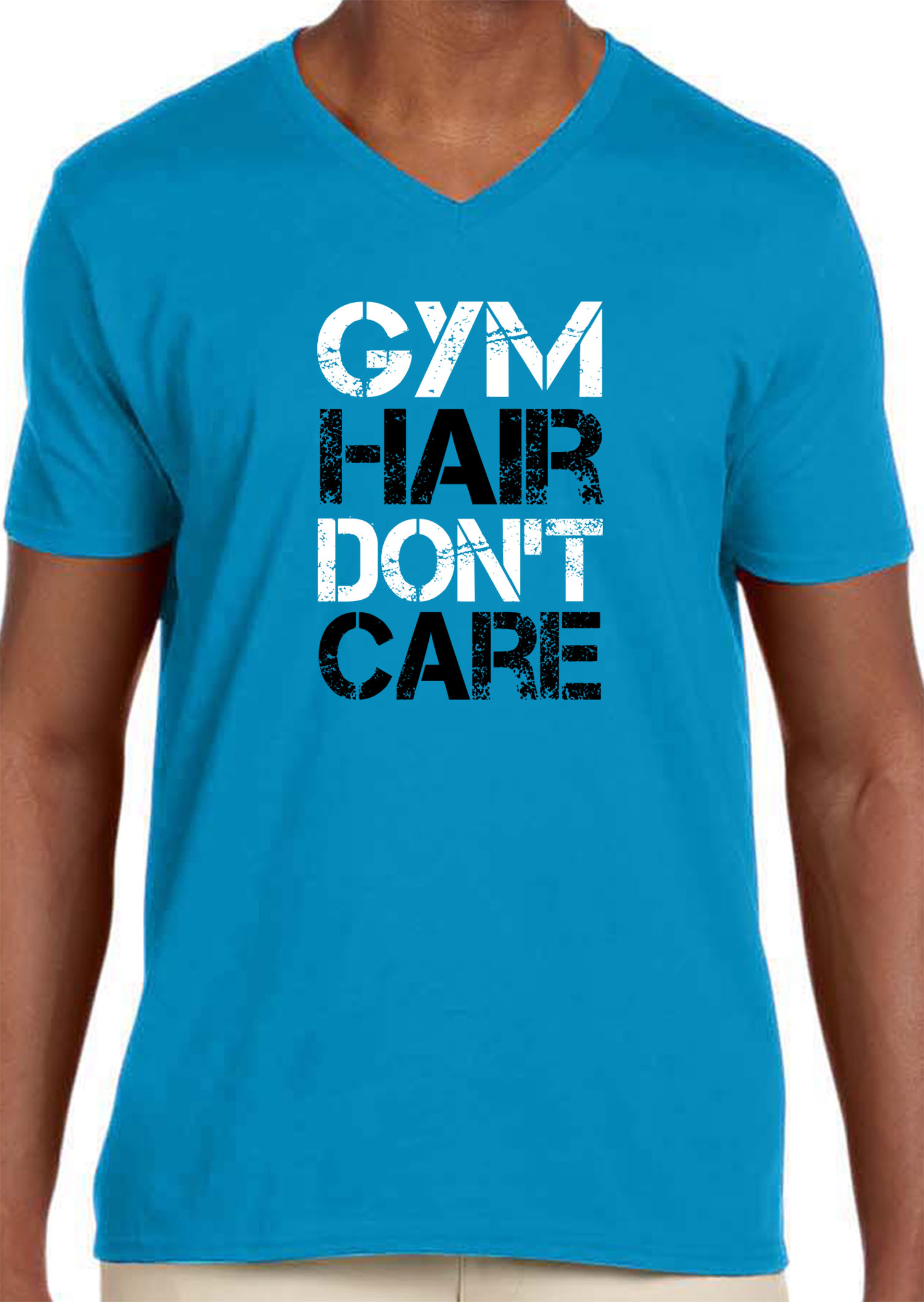 Trendy USA 1455 - Men's V-Neck T-Shirt Gym Hair Don't Care Workout Exercise Fitness Health 3XL Sapphire