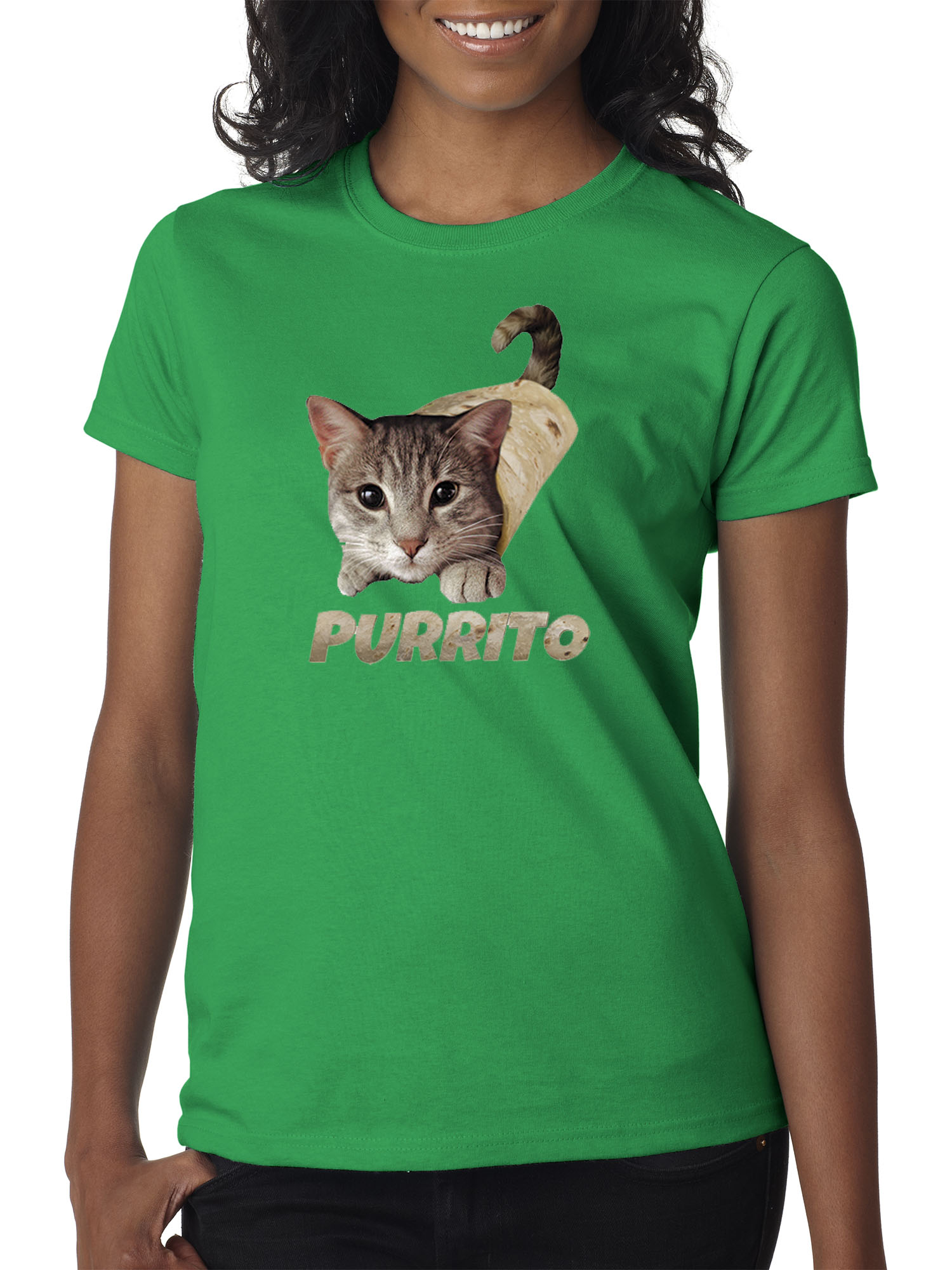 Trendy USA 1507 - Women's T-Shirt Purrito Burrito Kitty Cat Lovers Taco Spicy Funny Large Kelly Green