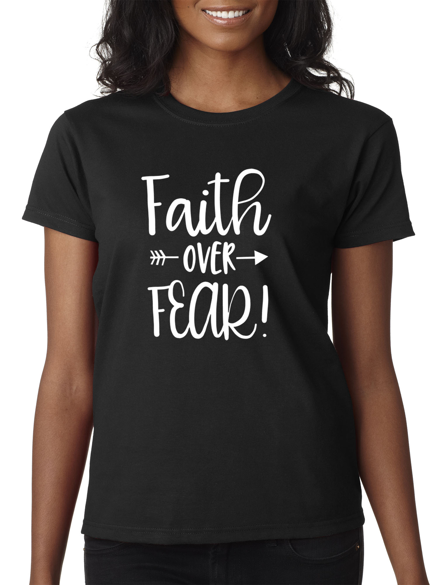 Trendy USA 1253 - Women's T-Shirt Faith Over Fear Script Medium Black
