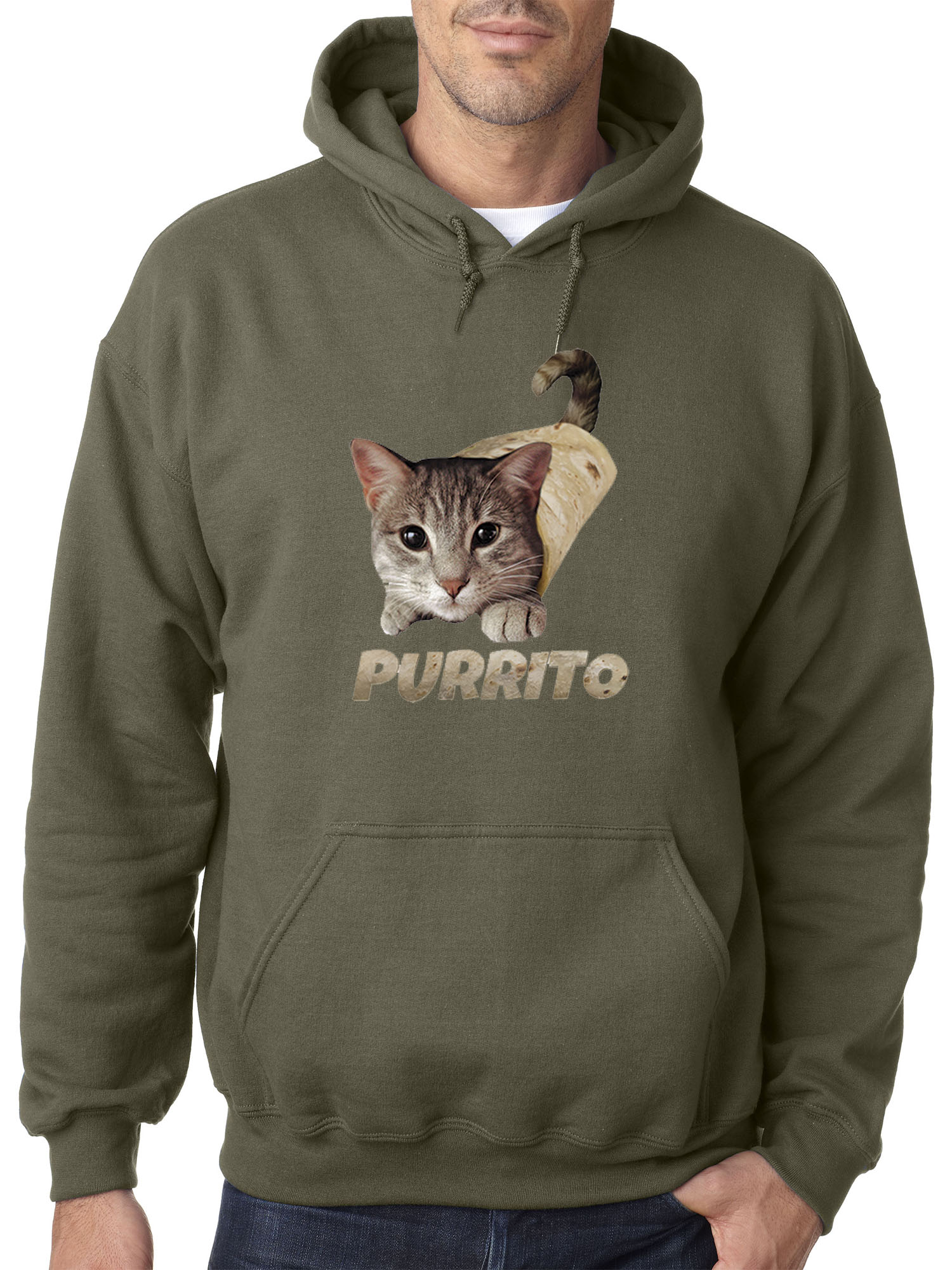 Trendy USA 1507 - Adult Hoodie Purrito Burrito Kitty Cat Lovers Taco Spicy Funny Sweatshirt Large Military Green