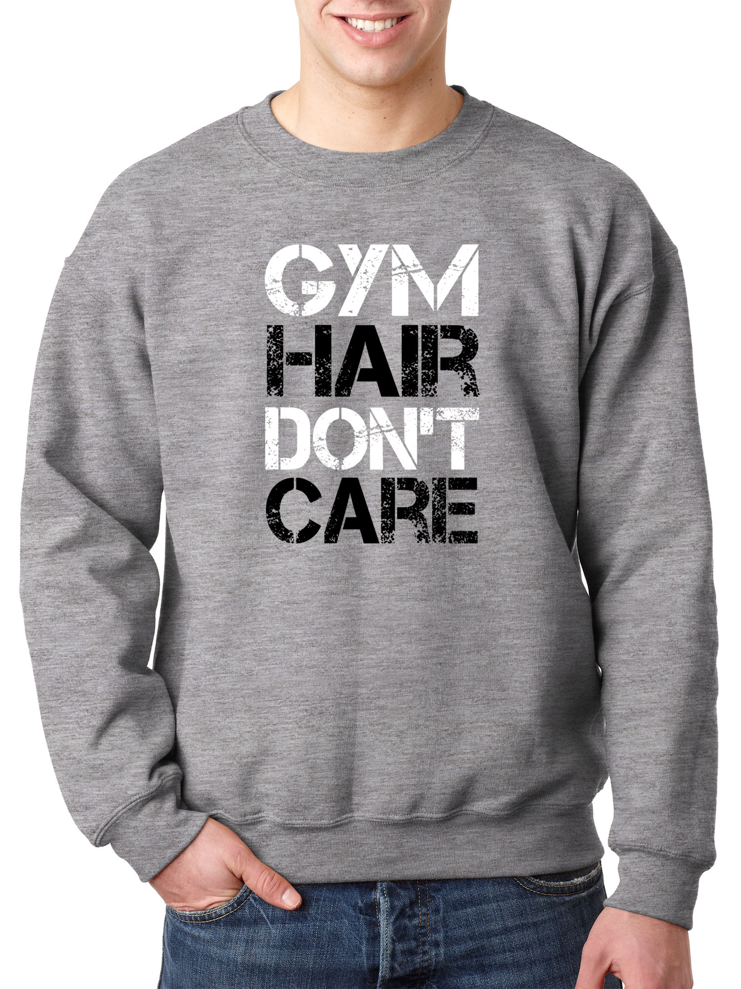 Trendy USA 1455 - Crewneck Gym Hair Don't Care Workout Exercise Fitness Health Sweatshirt Small Heather Grey