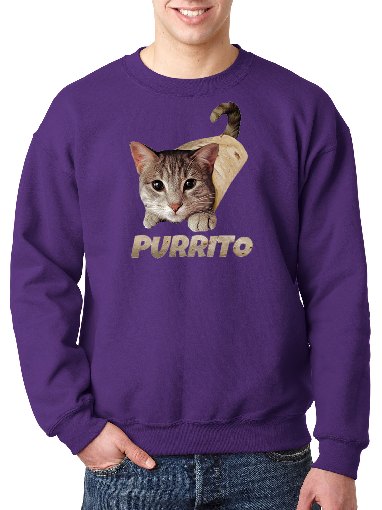 Trendy USA 1507 - Crewneck Purrito Burrito Kitty Cat Lovers Taco Spicy Funny Sweatshirt 2XL Purple