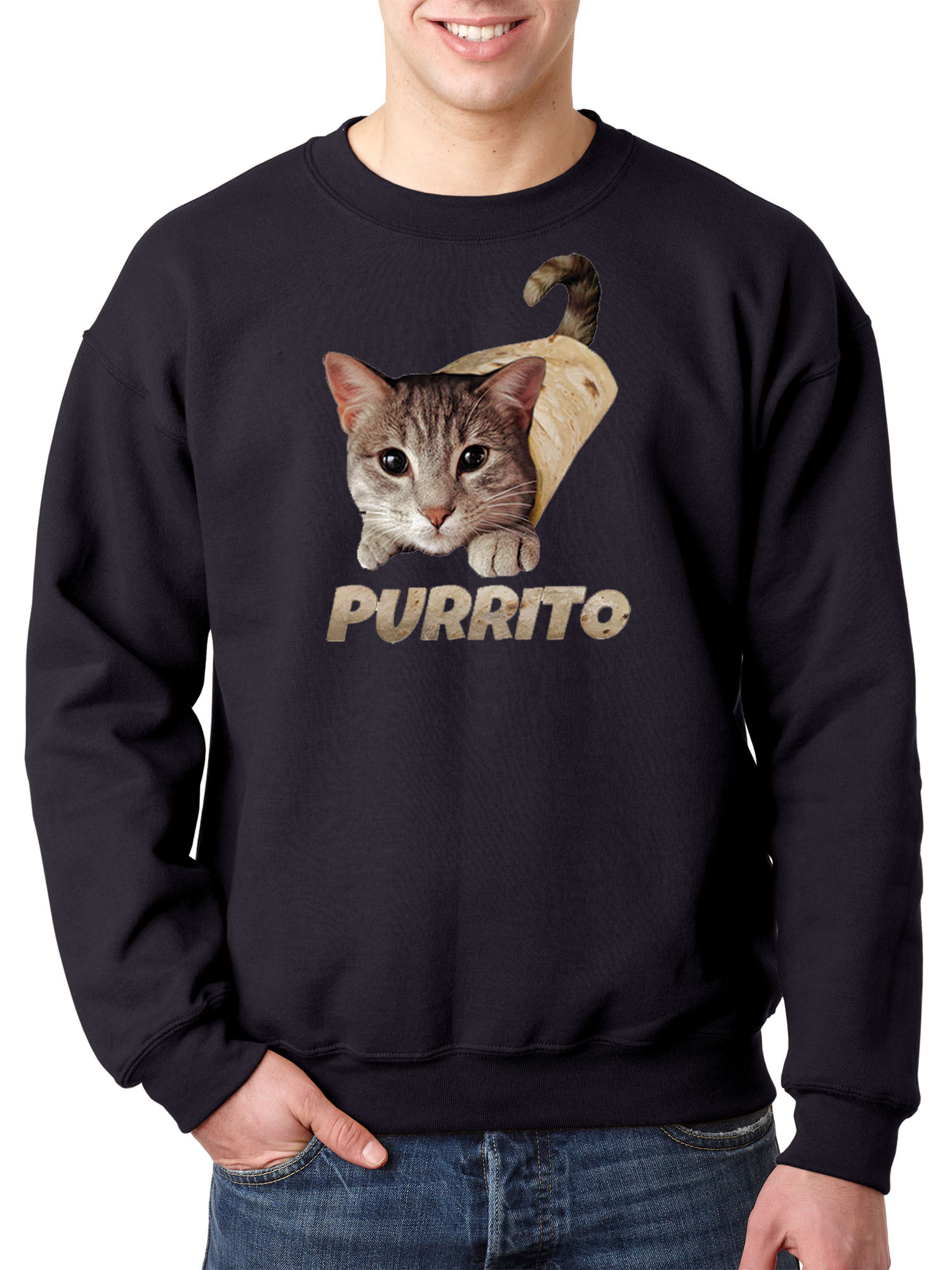 Trendy USA 1507 - Crewneck Purrito Burrito Kitty Cat Lovers Taco Spicy Funny Sweatshirt Medium Navy