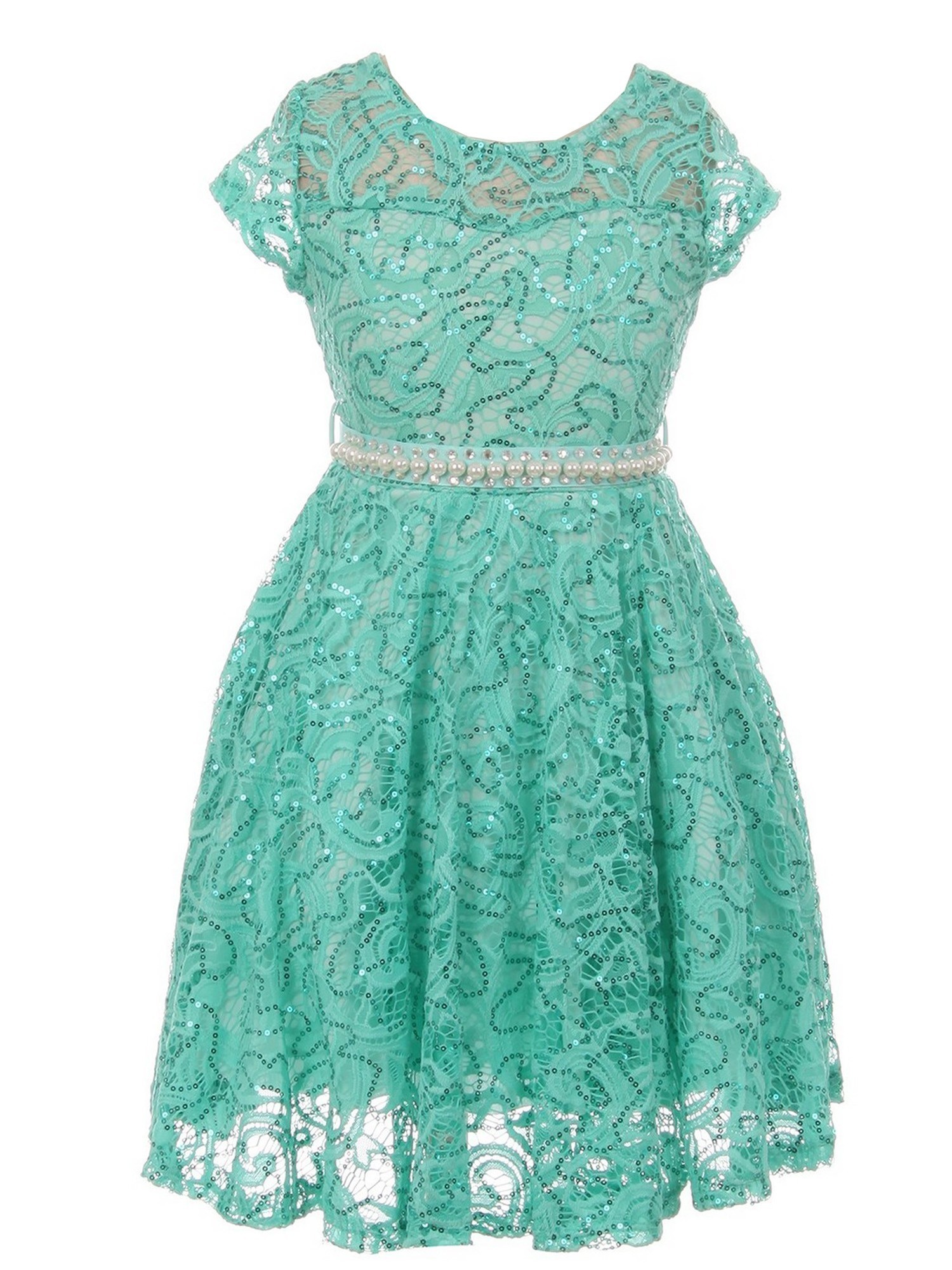 Girls Mint Sequin Lace Pearl Belt Skater Junior Bridesmaid Dress