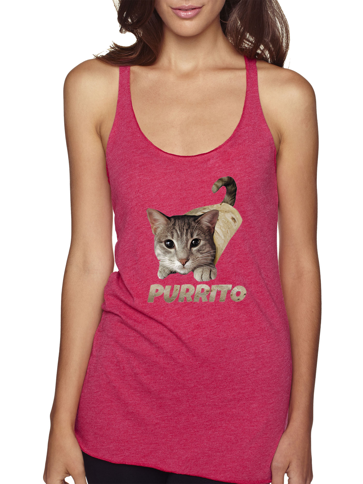 Trendy USA 1507 - Women's Tank-Top Purrito Burrito Kitty Cat Lovers Taco Spicy Funny Large Shocking Pink