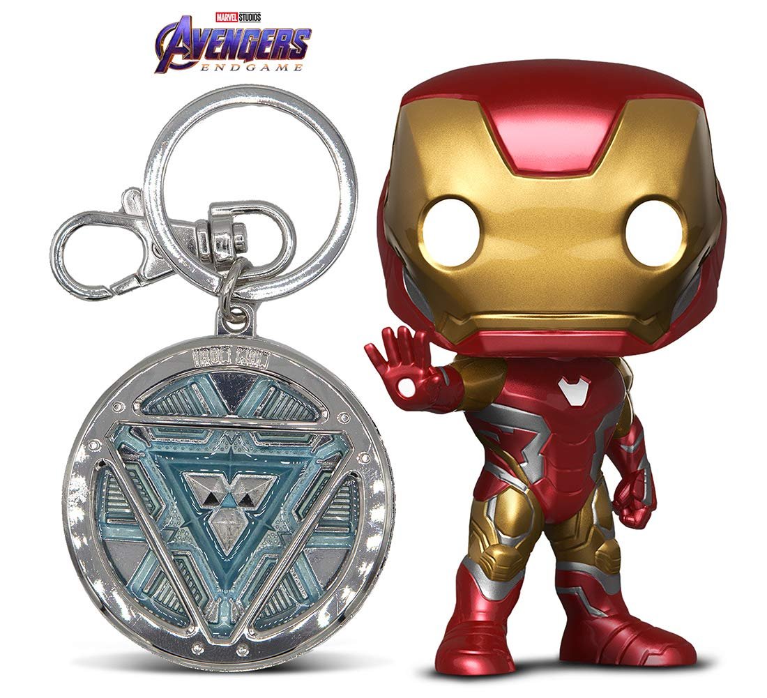 Funko Pop Marvel Avengers Endgame Iron Man BoxLunch Exclusive & Pewter Colored Key Ring Iron Man Arc Reactor Glows