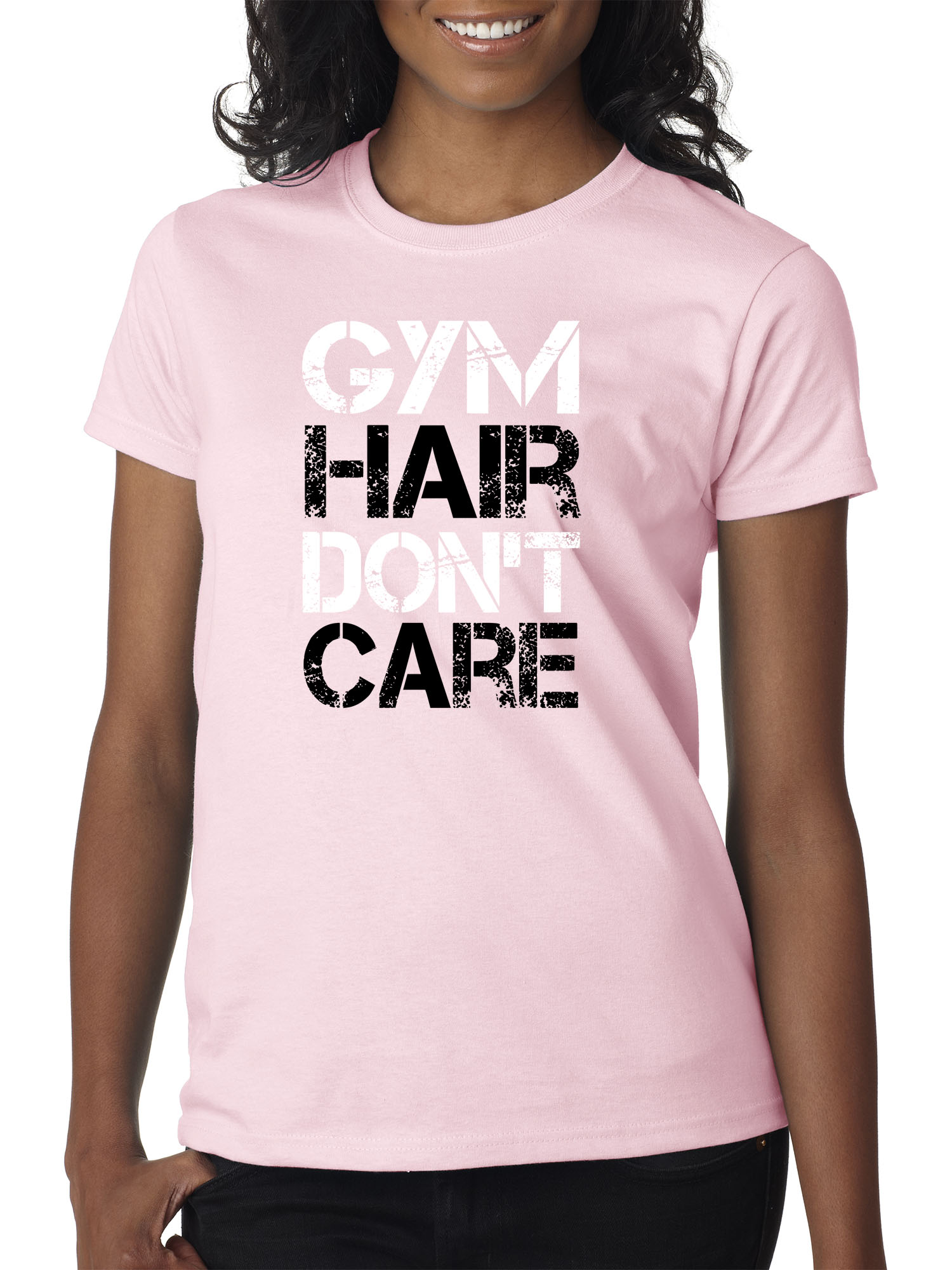 Trendy USA 1455 - Women's T-Shirt Gym Hair Don't Care Workout Exercise Fitness Health Medium Light Pink