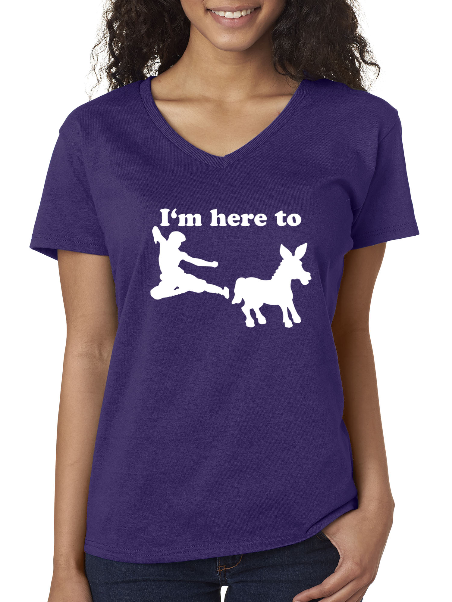 Trendy USA 1229 - Women's V-Neck T-Shirt I'm Here to Kick Ass Karate Donkey 2XL Purple