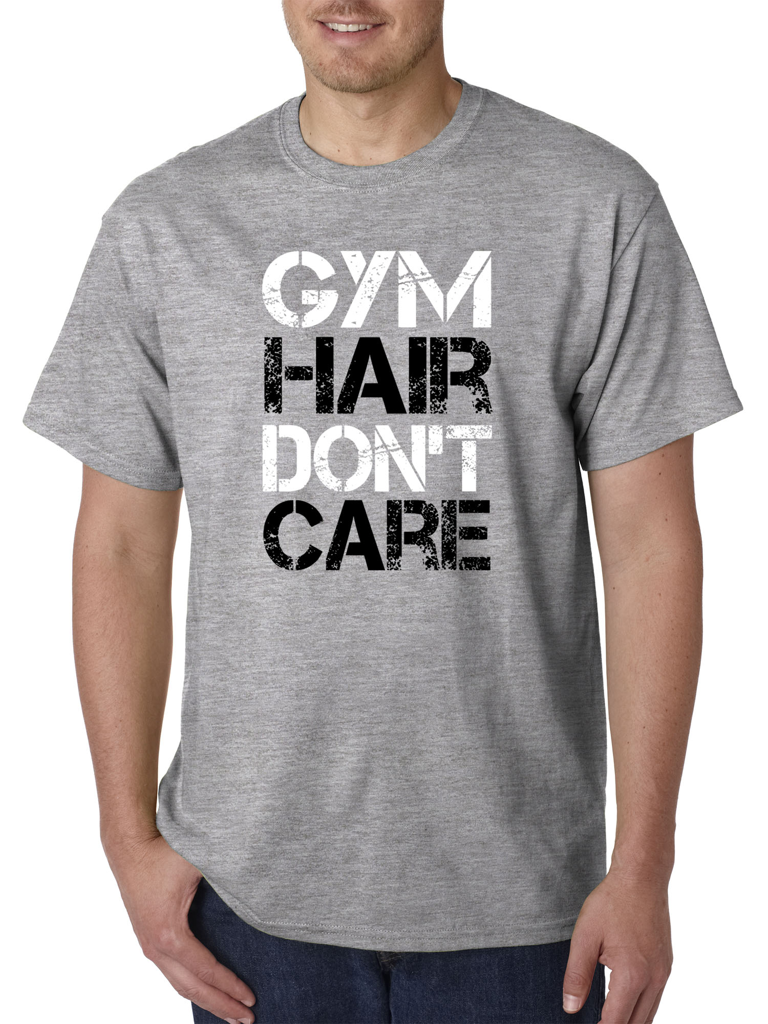 Trendy USA 1455 - Unisex T-Shirt Gym Hair Don't Care Workout Exercise Fitness Health Large Heather Grey