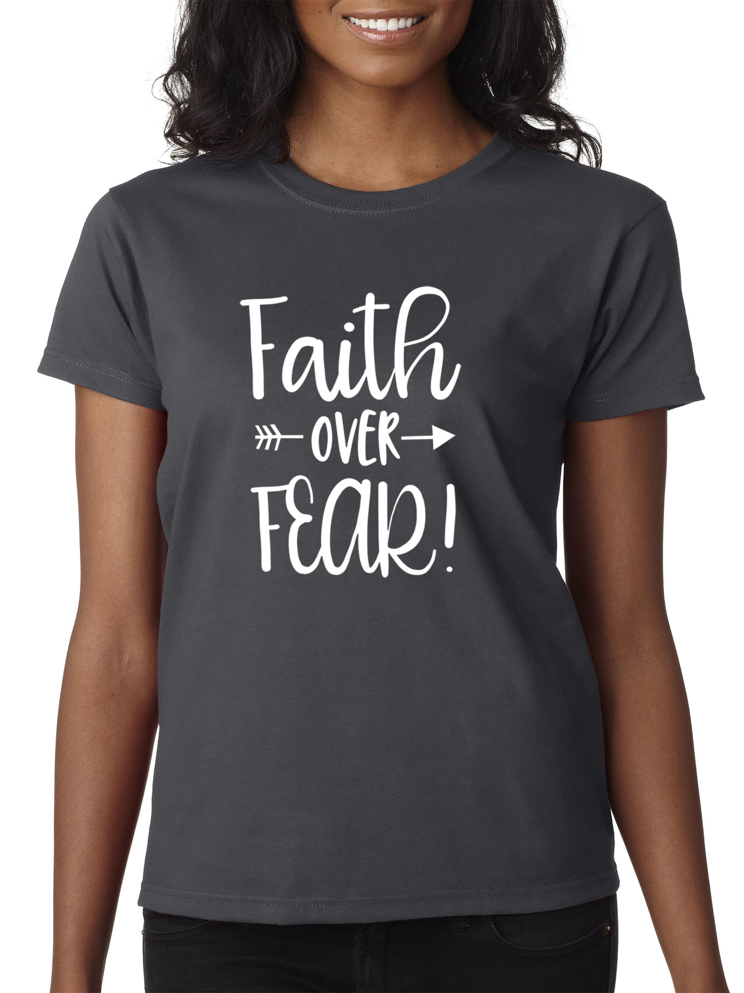 Trendy USA 1253 - Women's T-Shirt Faith Over Fear Script Large Charcoal