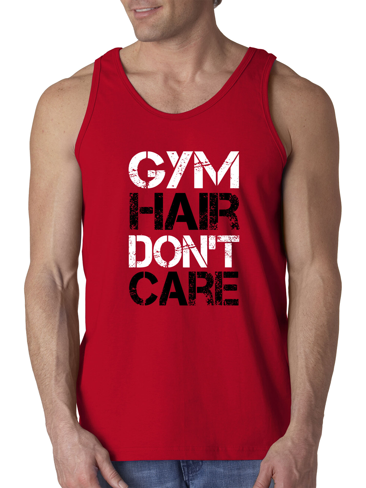 Trendy USA 1455 - Men's Tank-Top Gym Hair Don't Care Workout Exercise Fitness Health 3XL Red