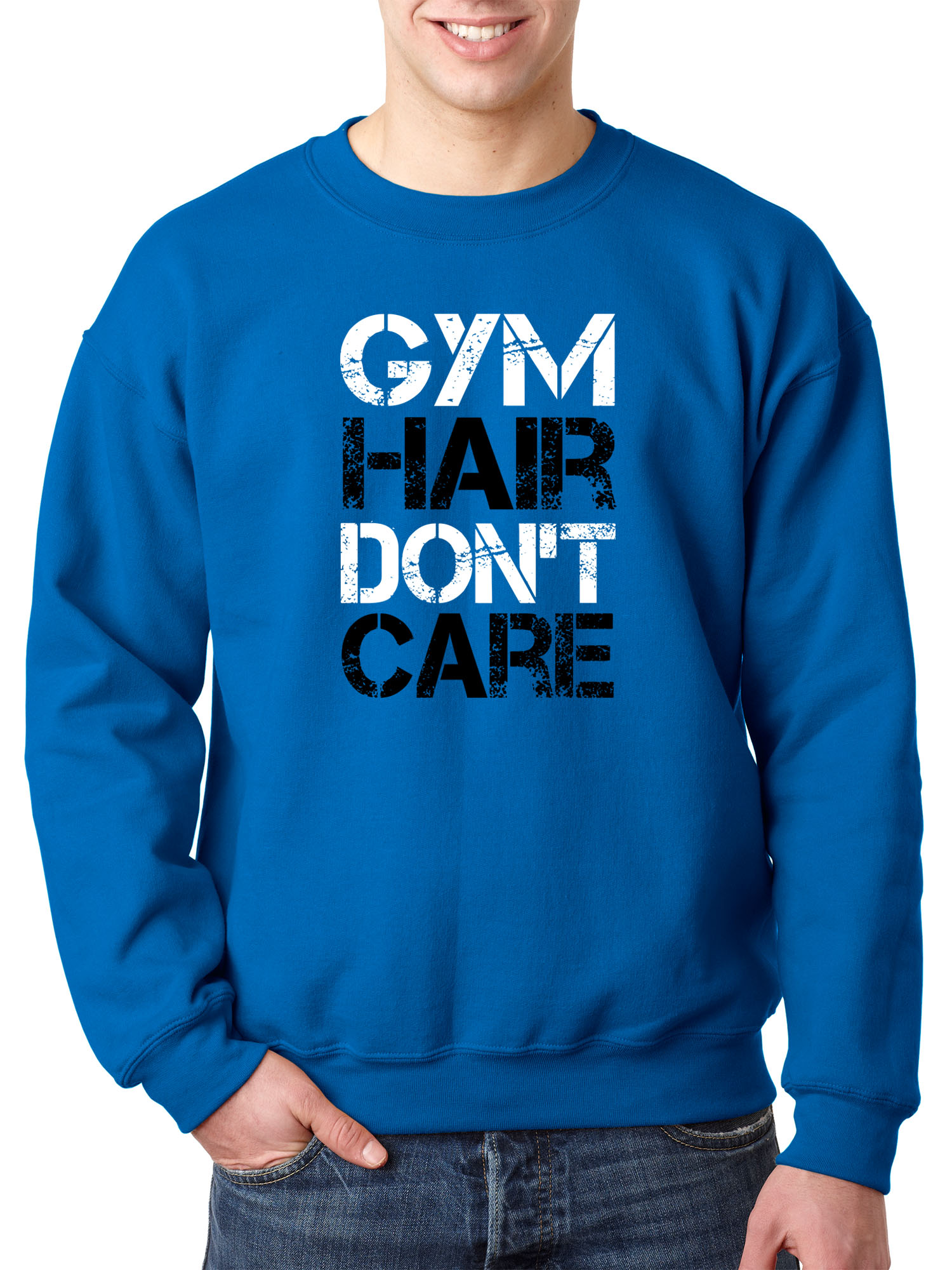 Trendy USA 1455 - Crewneck Gym Hair Don't Care Workout Exercise Fitness Health Sweatshirt 2XL Royal Blue