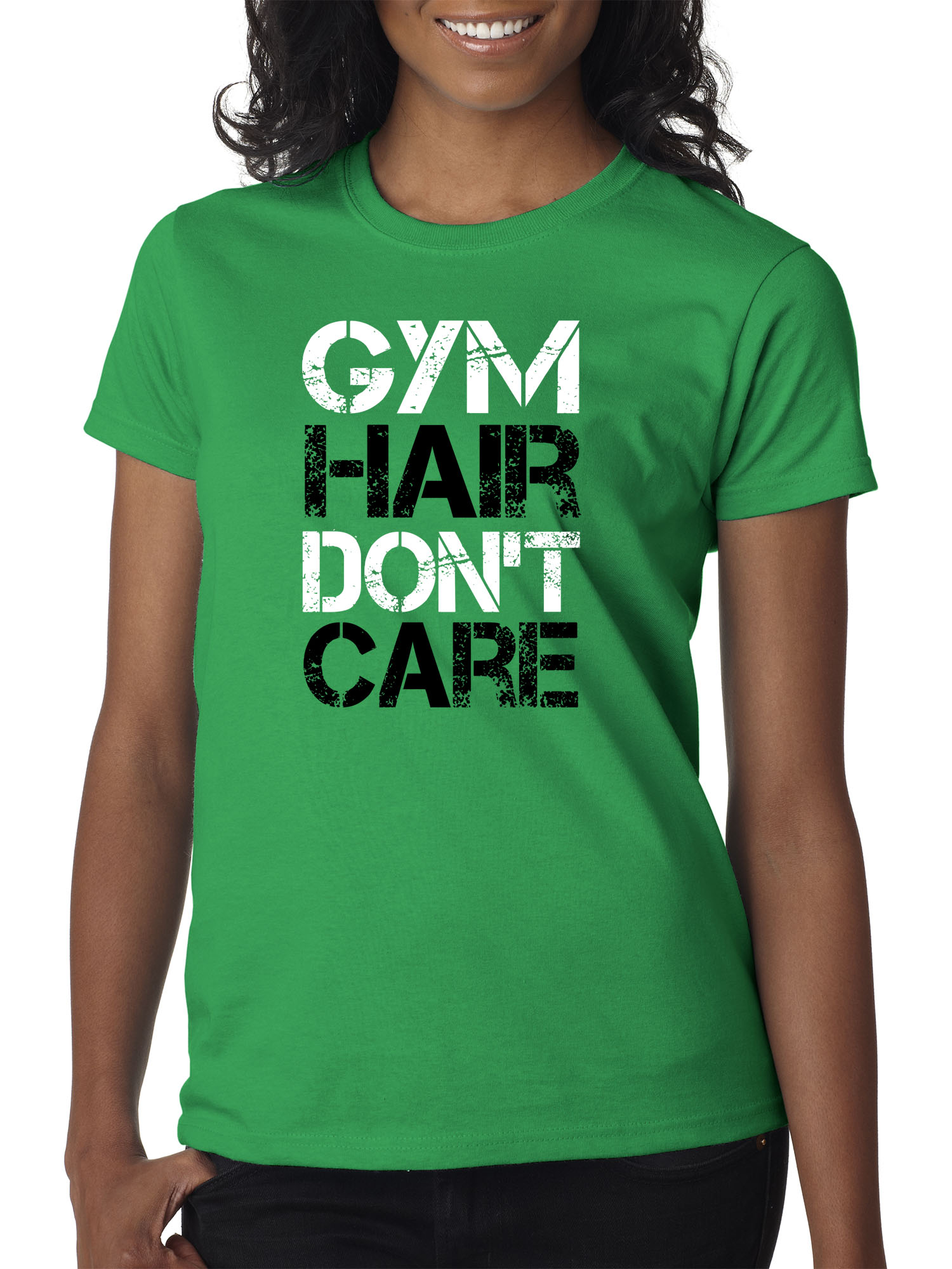 Trendy USA 1455 - Women's T-Shirt Gym Hair Don't Care Workout Exercise Fitness Health XL Kelly Green
