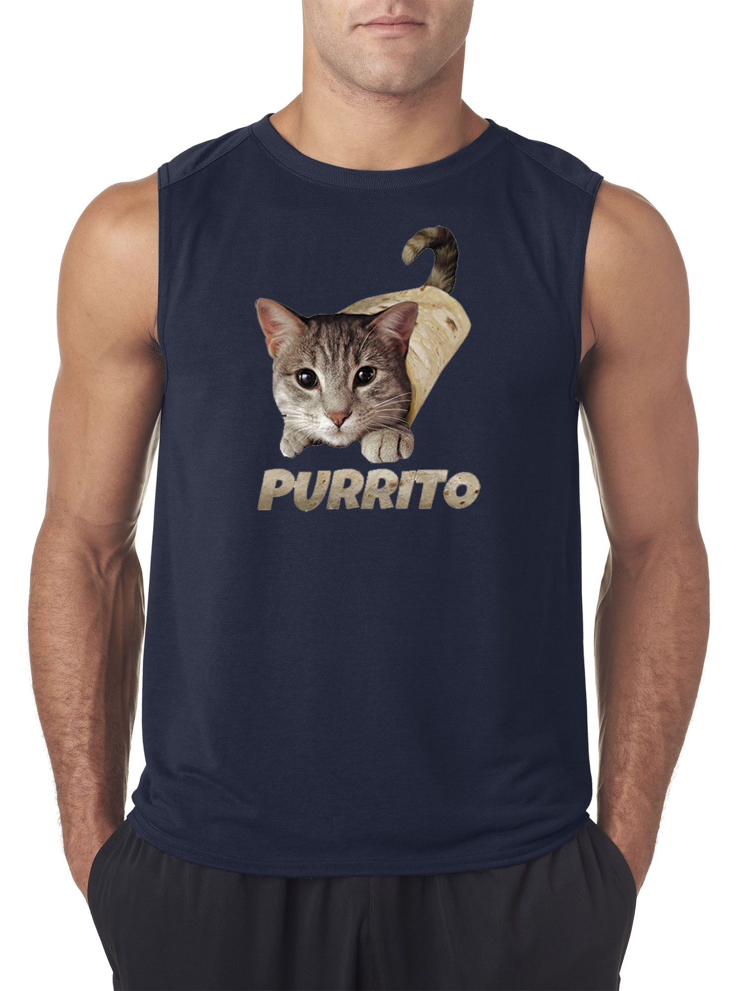 Trendy USA 1507 - Men's Sleeveless Purrito Burrito Kitty Cat Lovers Taco Spicy Funny 2XL Navy