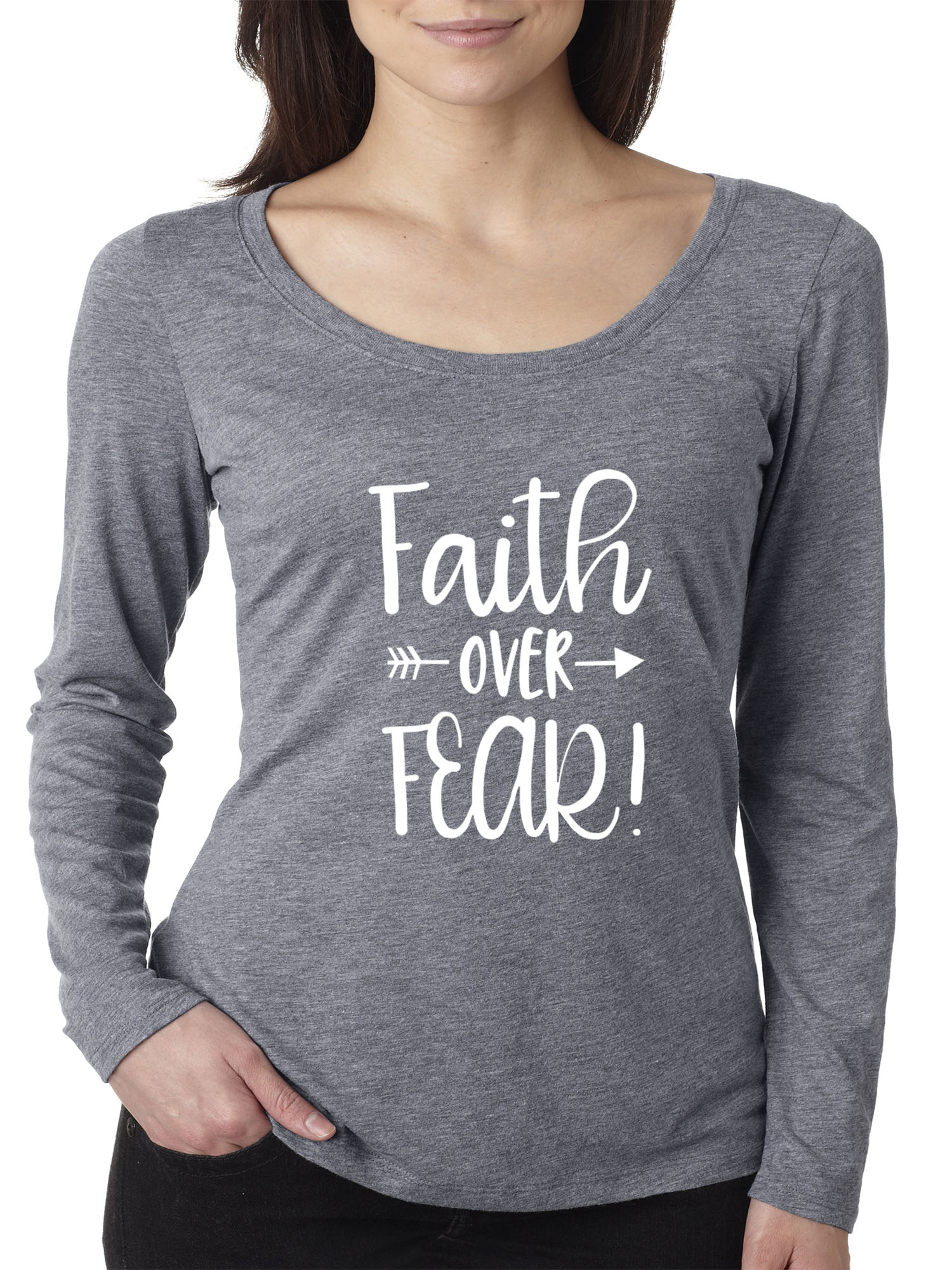 Trendy USA 1253 - Women's Long Sleeve T-Shirt Faith Over Fear Script 2XL Heather Grey