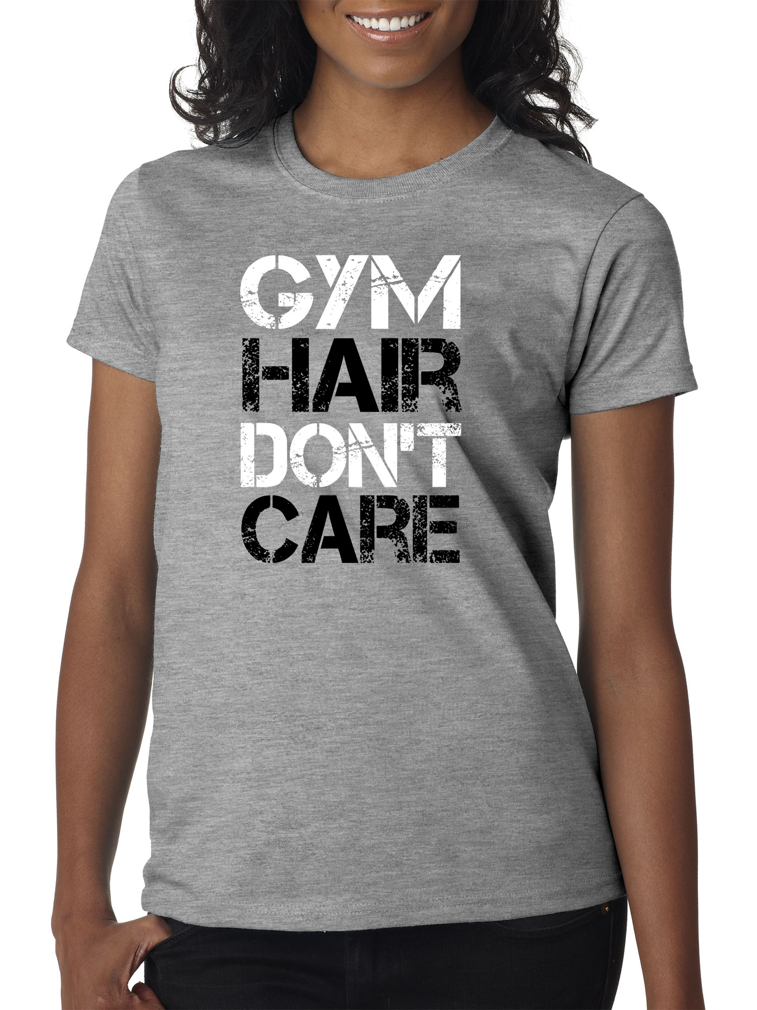 Trendy USA 1455 - Women's T-Shirt Gym Hair Don't Care Workout Exercise Fitness Health 2XL Heather Grey