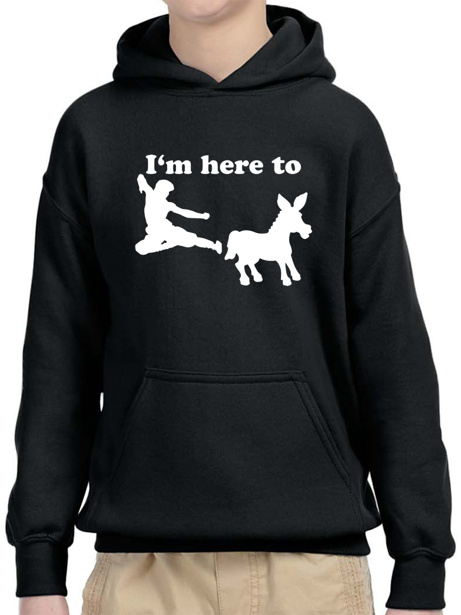 Trendy USA 1229 - Youth Hoodie I'm Here to Kick Ass Karate Donkey Unisex Pullover Sweatshirt Small Black