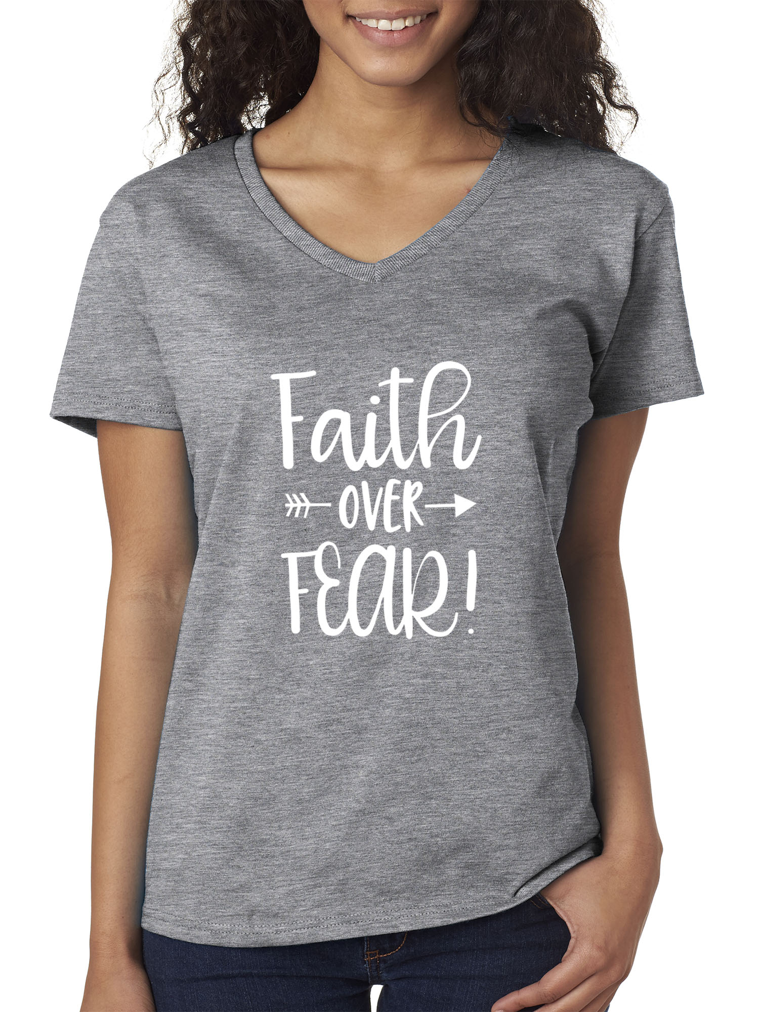 Trendy USA 1253 - Women's V-Neck T-Shirt Faith Over Fear Script XL Heather Grey