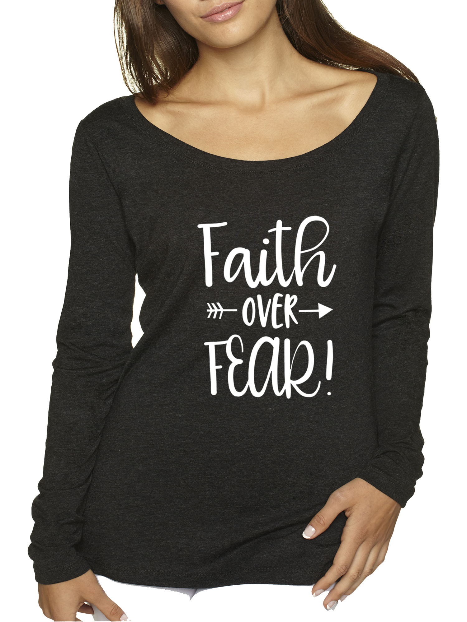 Trendy USA 1253 - Women's Long Sleeve T-Shirt Faith Over Fear Script Small Black