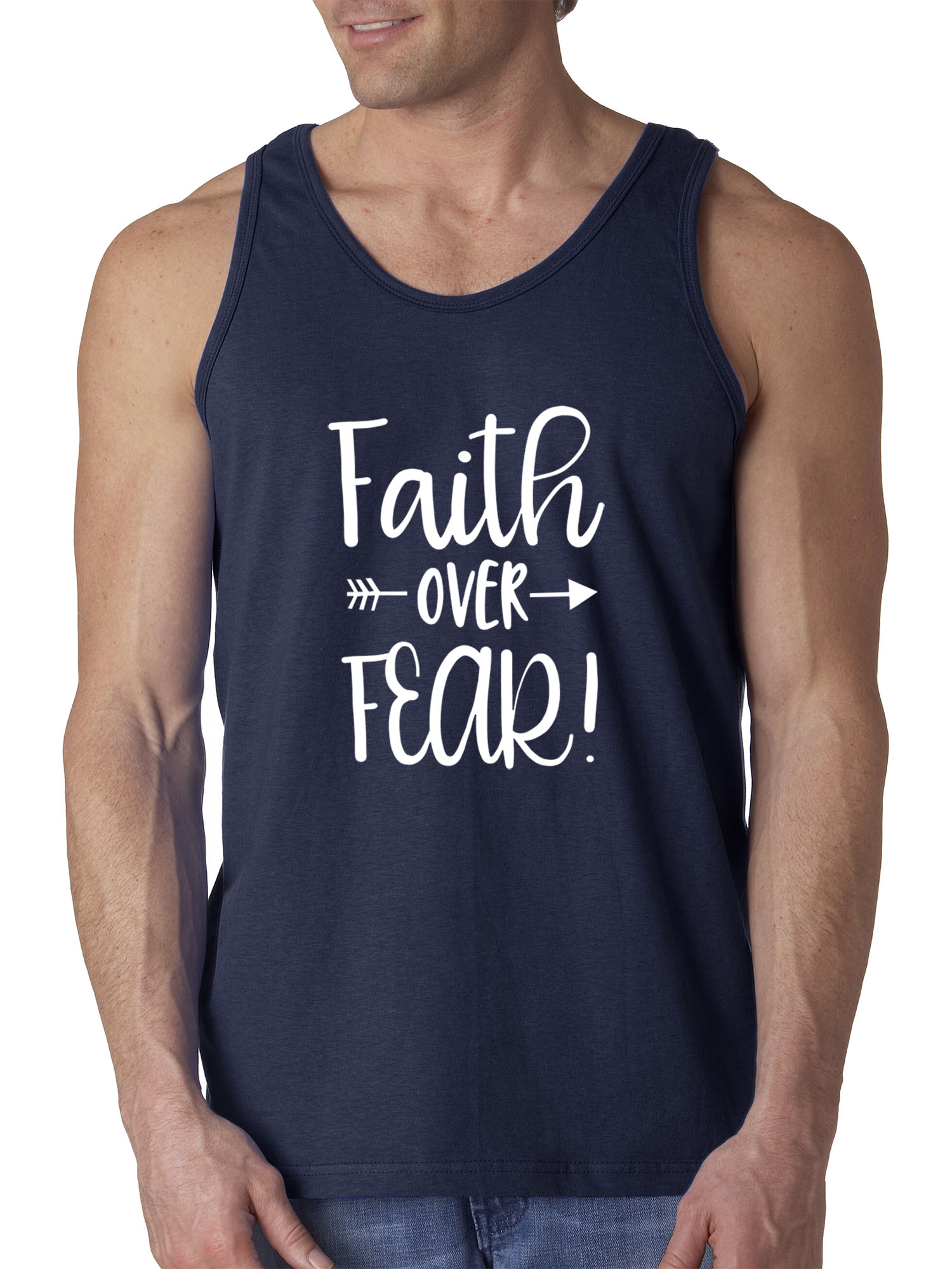 Trendy USA 1253 - Men's Tank-Top Faith Over Fear Script XL Navy