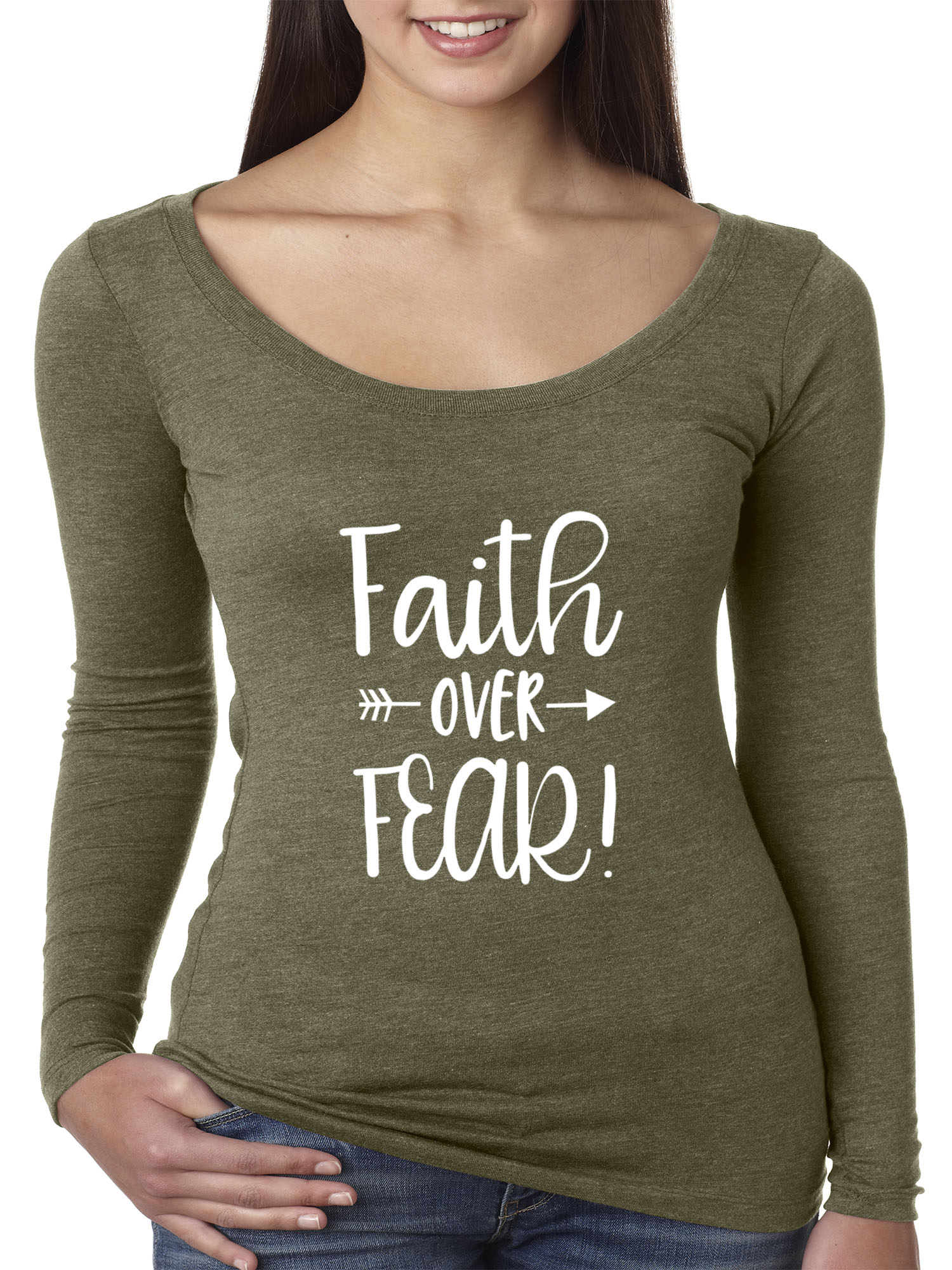 Trendy USA 1253 - Women's Long Sleeve T-Shirt Faith Over Fear Script 2XL Military Green