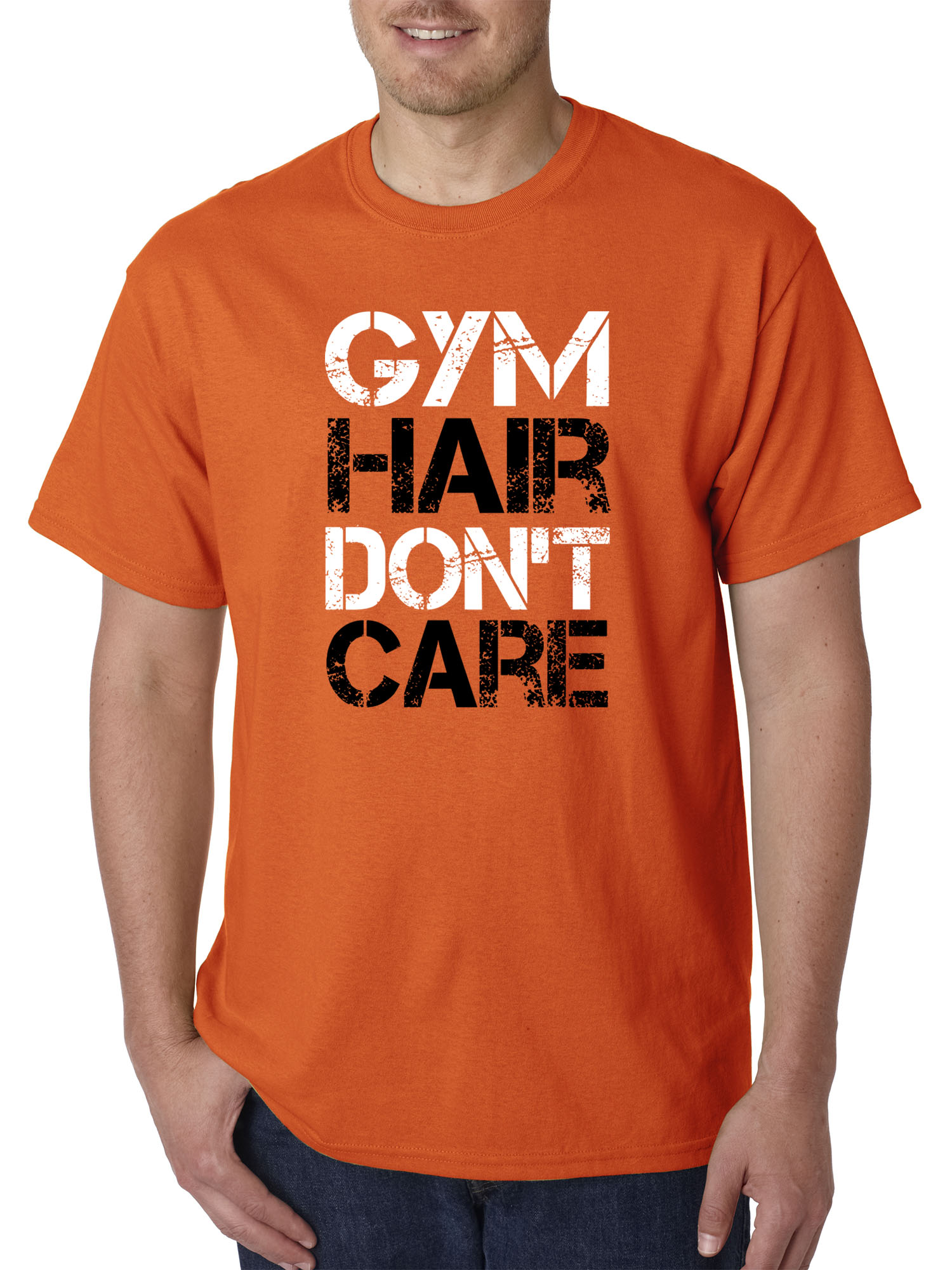 Trendy USA 1455 - Unisex T-Shirt Gym Hair Don't Care Workout Exercise Fitness Health 4XL Orange