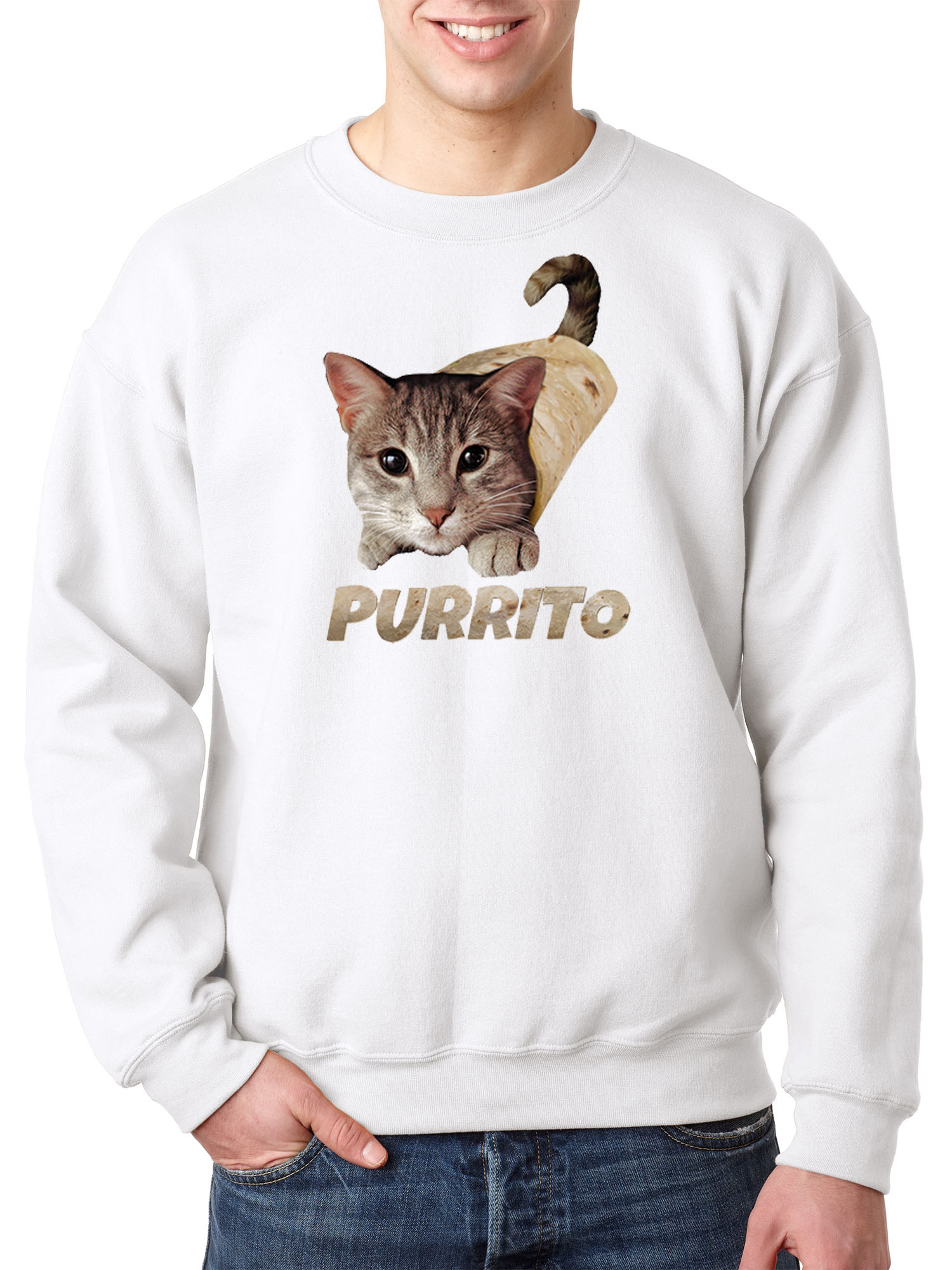 Trendy USA 1507 - Crewneck Purrito Burrito Kitty Cat Lovers Taco Spicy Funny Sweatshirt 2XL White