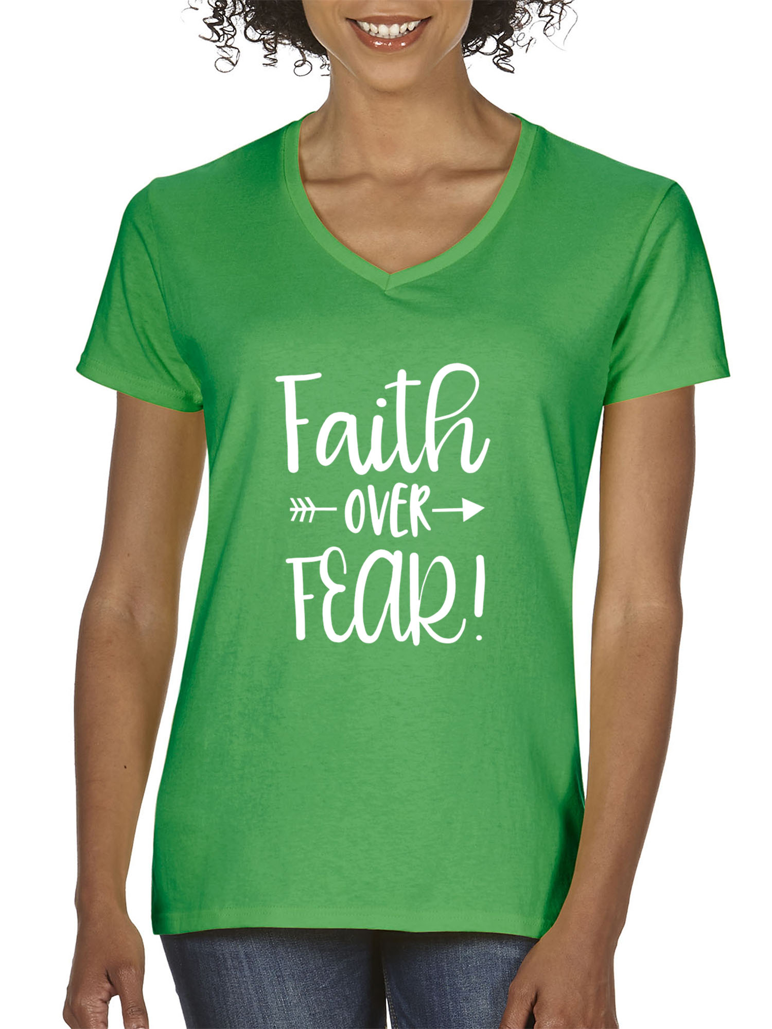 Trendy USA 1253 - Women's V-Neck T-Shirt Faith Over Fear Script Large Kelly Green