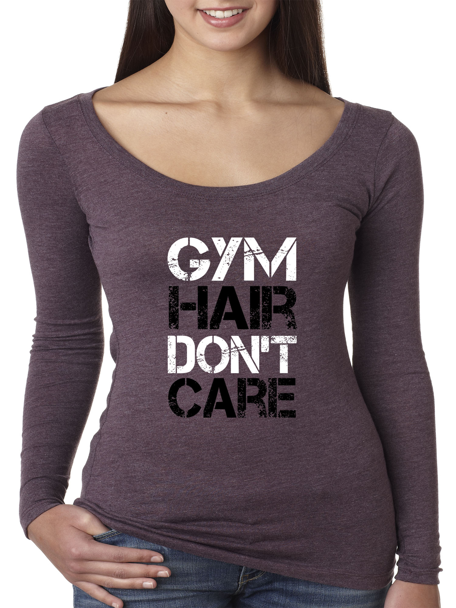Trendy USA 1455 - Women's Long Sleeve T-Shirt Gym Hair Don't Care Workout Exercise Fitness Health 2XL Vintage Purple